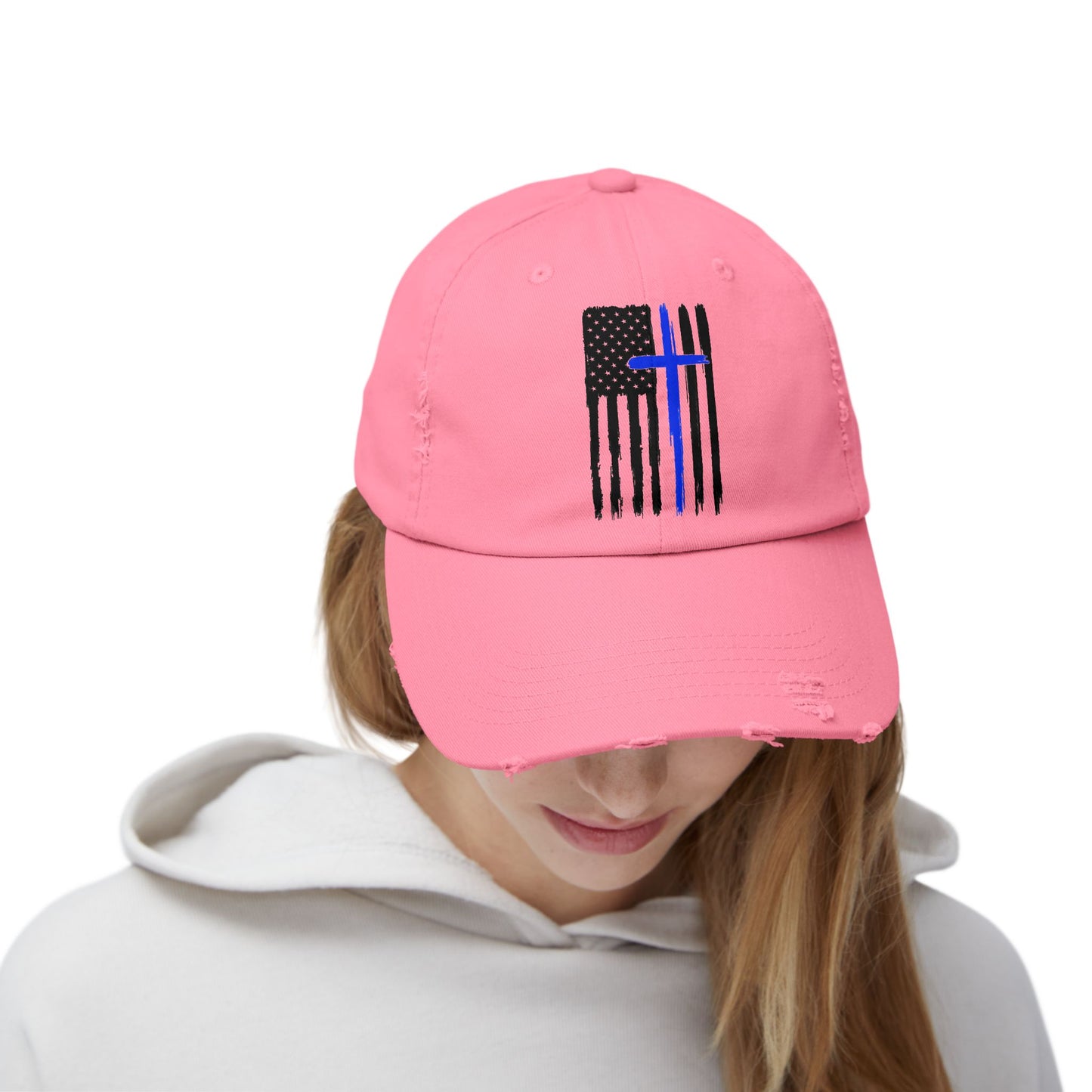 Thin Blue Line, Cross, Flag, Unisex Distressed Cap, Funny Hat, Casual Gift, Everyday Wear, Cool Accessory, Adjustable Cap