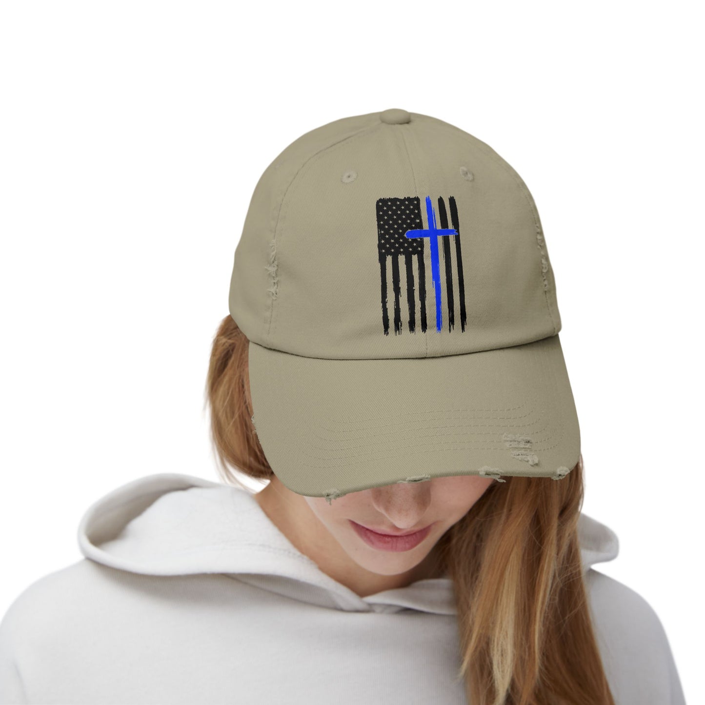 Thin Blue Line, Cross, Flag, Unisex Distressed Cap, Funny Hat, Casual Gift, Everyday Wear, Cool Accessory, Adjustable Cap
