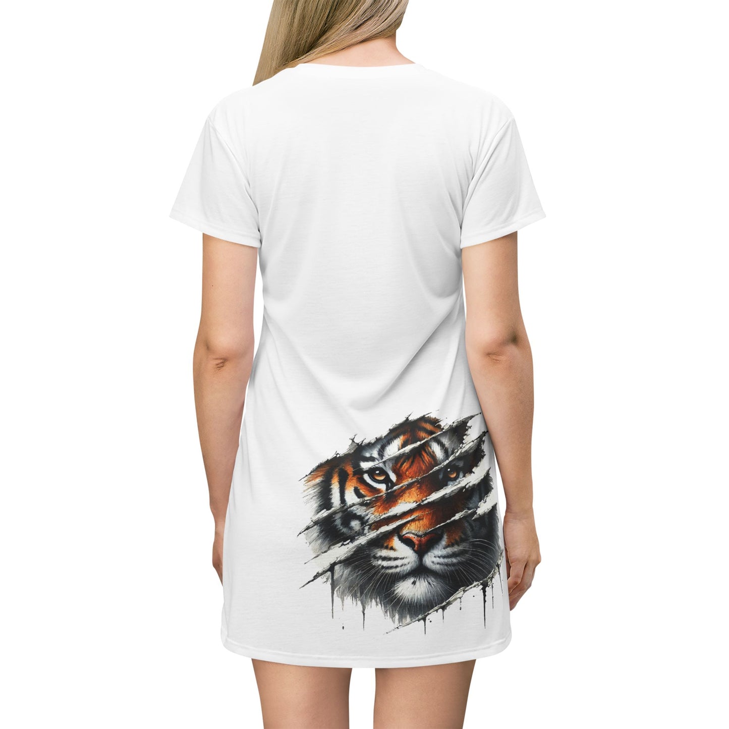 White, Tiger Head with Claw Marks T-Shirt Dress - Stylish Casual Wear for Parties, Birthdays, or Everyday Outfits, Comfortable and Fashionable