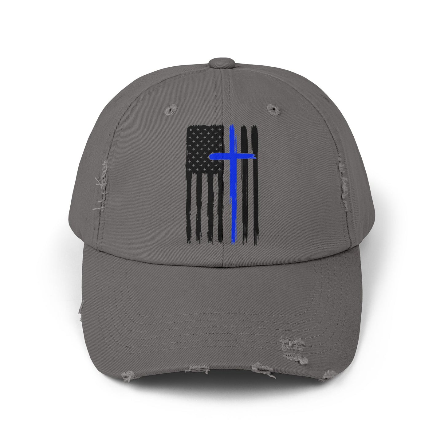 Thin Blue Line, Cross, Flag, Unisex Distressed Cap, Funny Hat, Casual Gift, Everyday Wear, Cool Accessory, Adjustable Cap