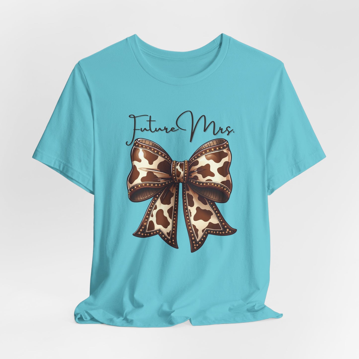 Personalized Future Mrs. Bride Cow Print Bow Short Sleeve Tee, Casual Top, Western Style Shirt, Country Chic T-Shirt, Birthday Gift, Everyday Wear
