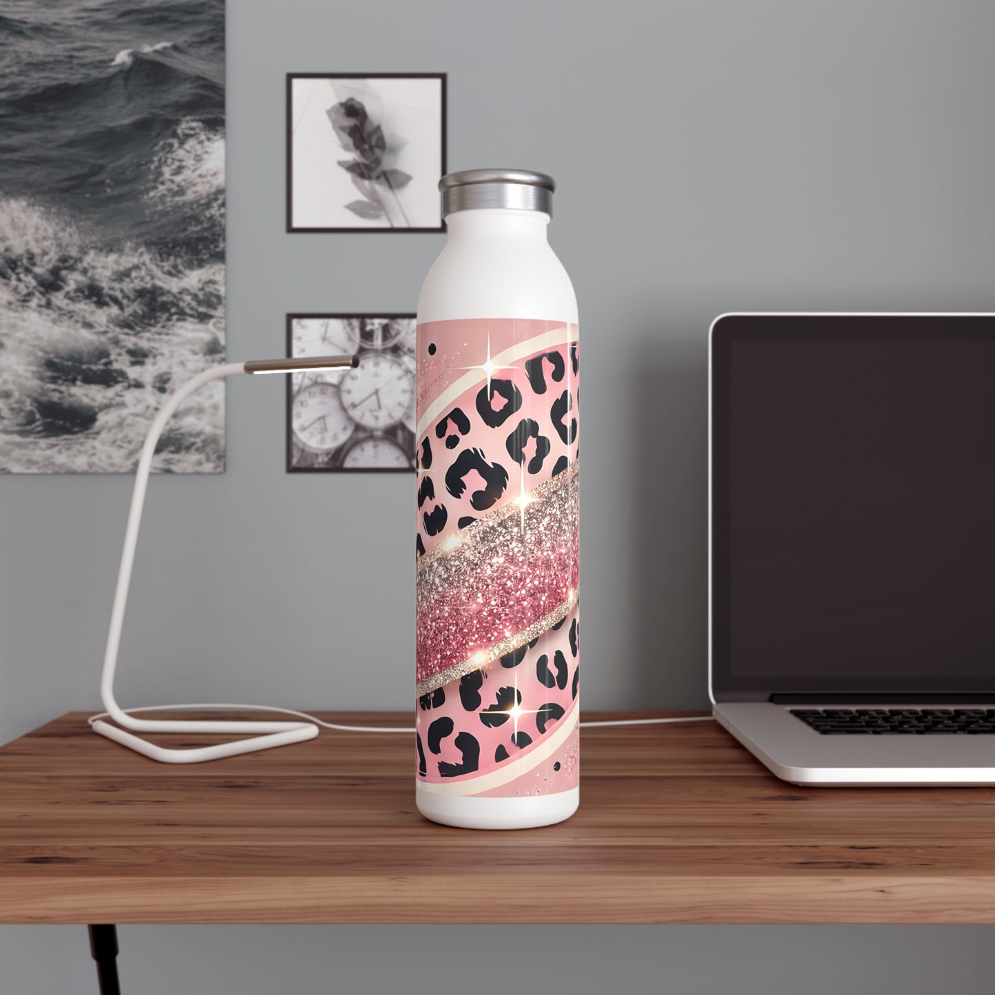 Pink Glitter Leopard Slim Water Bottle, Trendy Stainless Steel, Reusable Drink Container, Great for Gym, School, Office