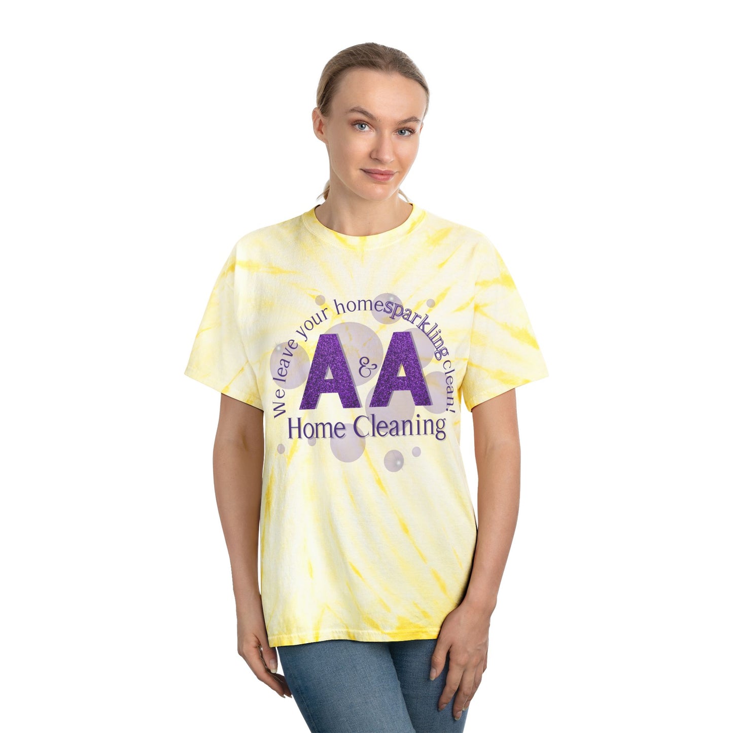 A&A, Purple logo on a yellow tie dye crew neck, gildan
