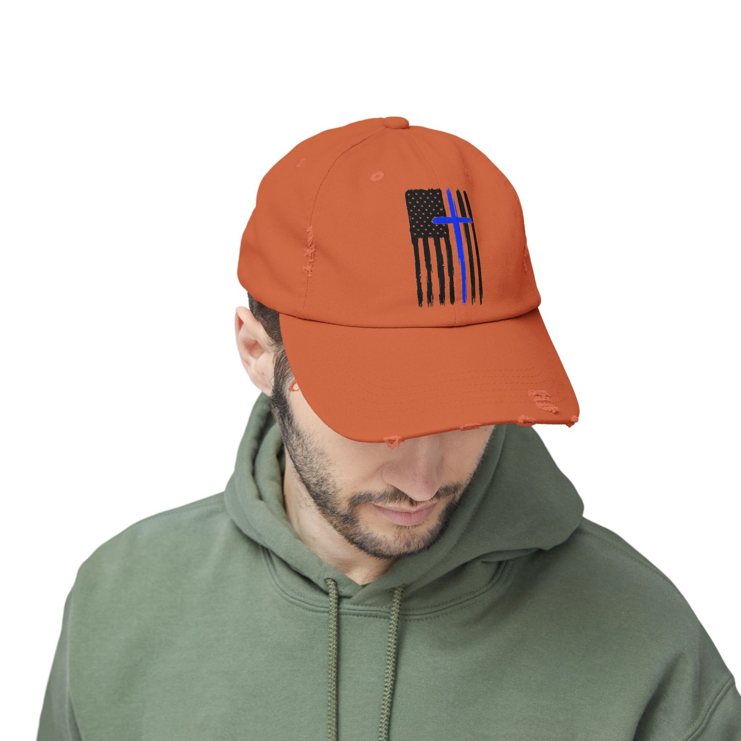 Thin Blue Line, Cross, Flag, Unisex Distressed Cap, Funny Hat, Casual Gift, Everyday Wear, Cool Accessory, Adjustable Cap
