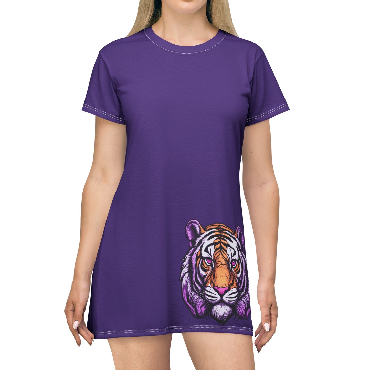 Purple Tiger Graphic T-Shirt Dress, Cute Casual Dress,  Summer Fashion, Gift for Her, Game Day Outfit