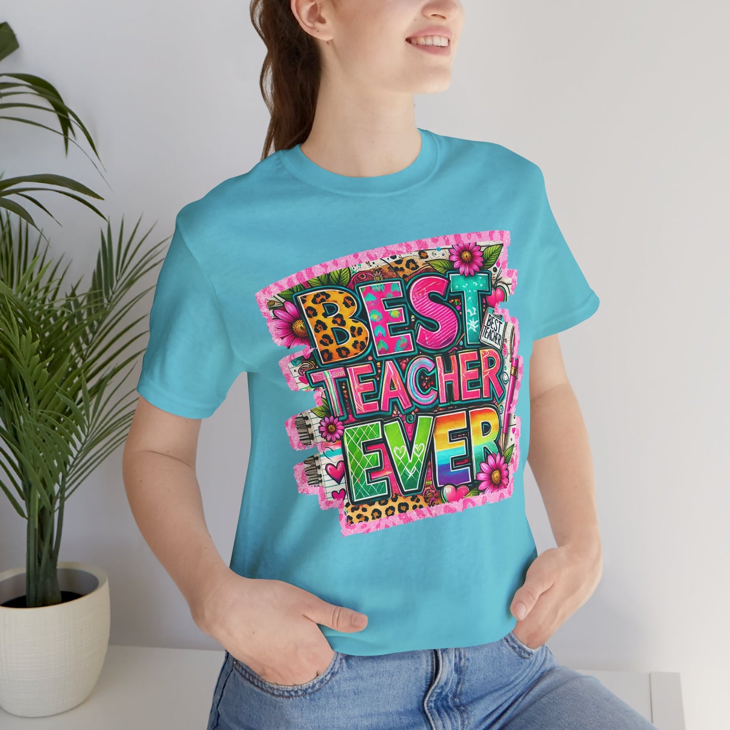 Funky Best Teacher Ever Tshirt, Unisex, Bella Canvas, Back to school, apple, animal print, neons