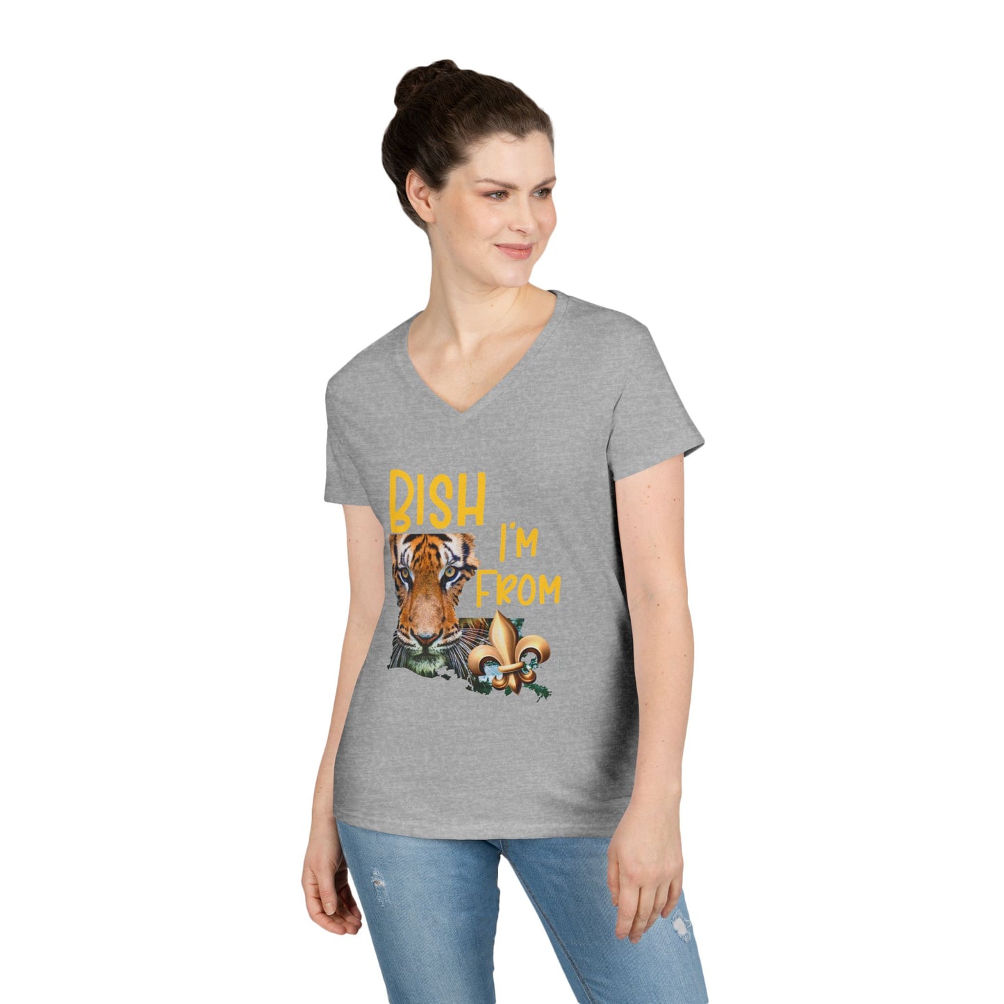 Vibrant Graphic Tee, Ladies' V-Neck T-Shirt, Fun Casual Wear, Perfect for Gifts, Everyday Style, BISH I'M FROM Louisiana