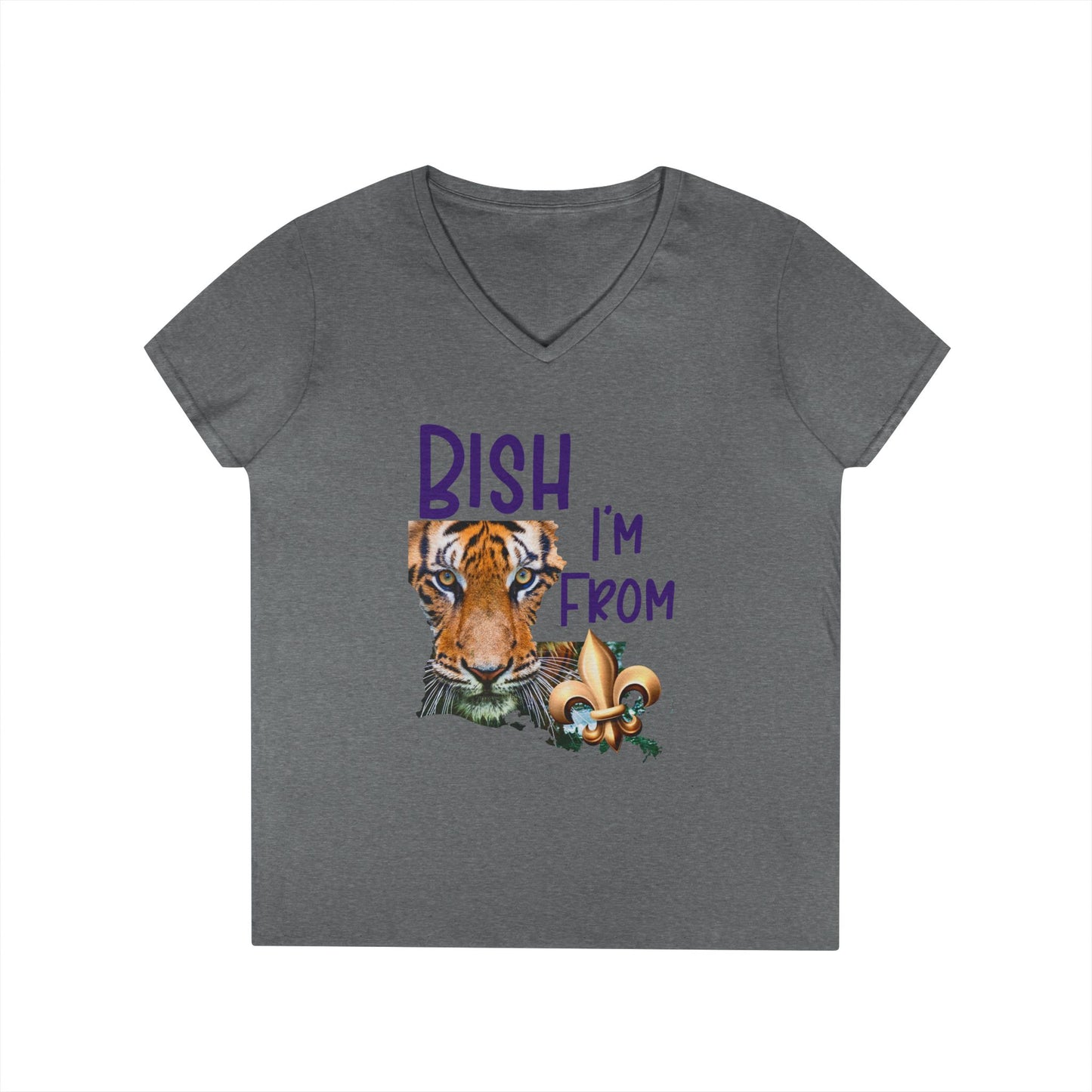 Vibrant Graphic Tee, Ladies' V-Neck T-Shirt, Fun Casual Wear, Perfect for Gifts, Everyday Style, BISH I'M FROM Louisiana