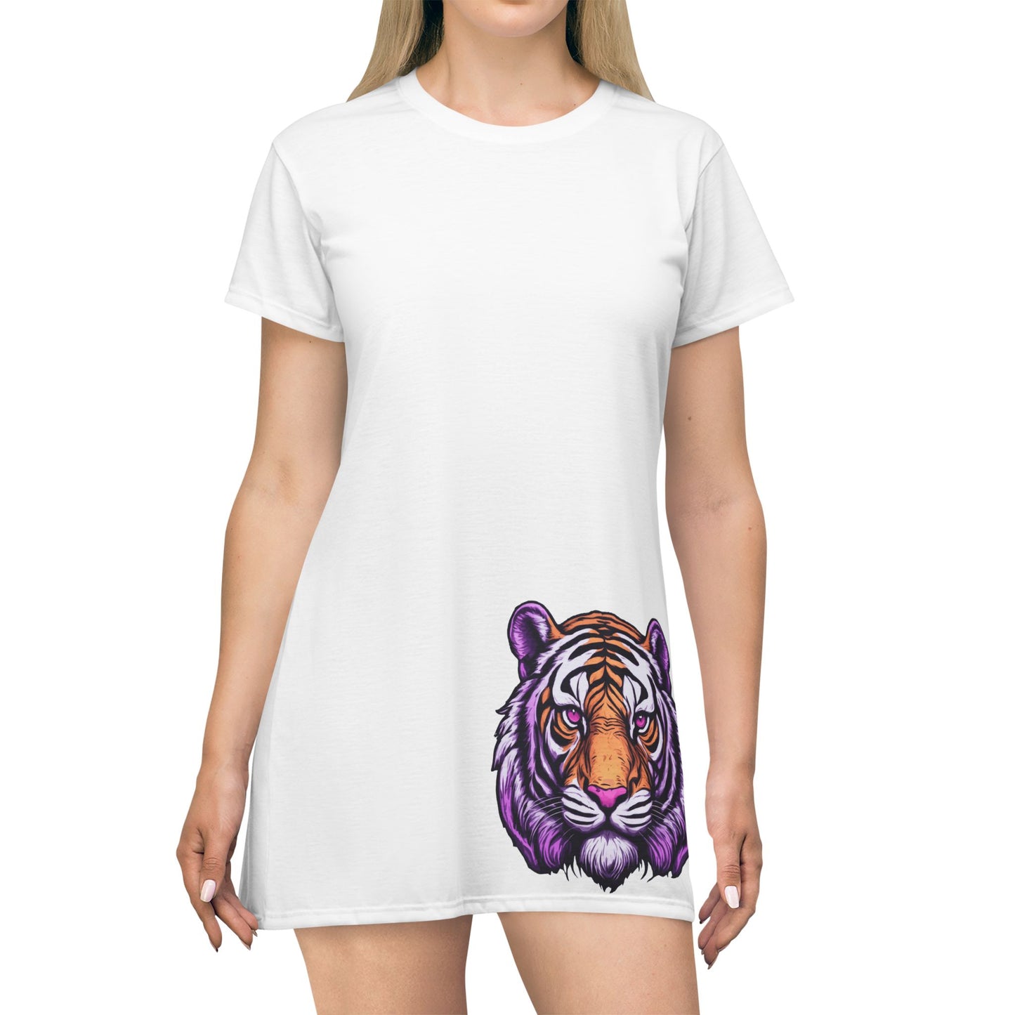 White Tiger Graphic T-Shirt Dress, Cute Casual Dress,  Summer Fashion, Gift for Her, Game Day Outfit