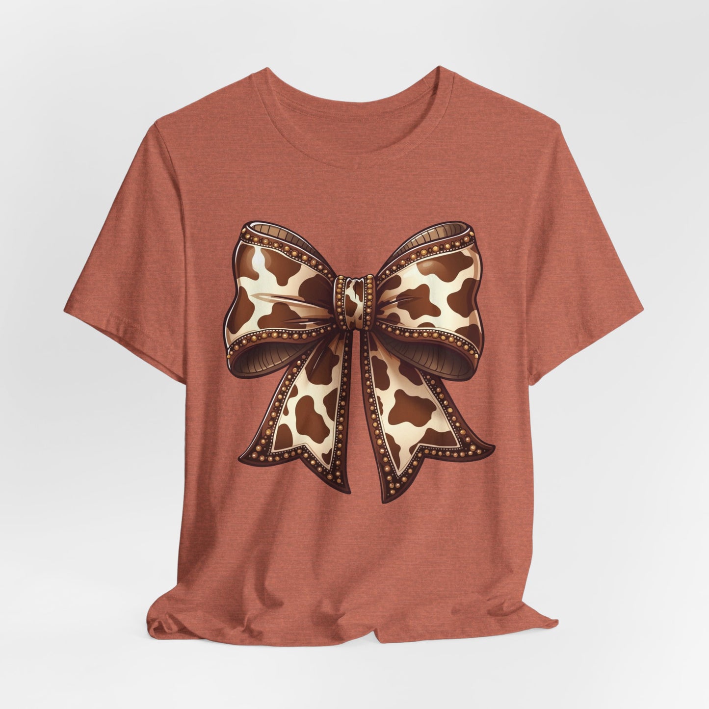 Cow Print Bow Short Sleeve Tee, Casual Top, Western Style Shirt, Country Chic T-Shirt, Birthday Gift, Everyday Wear