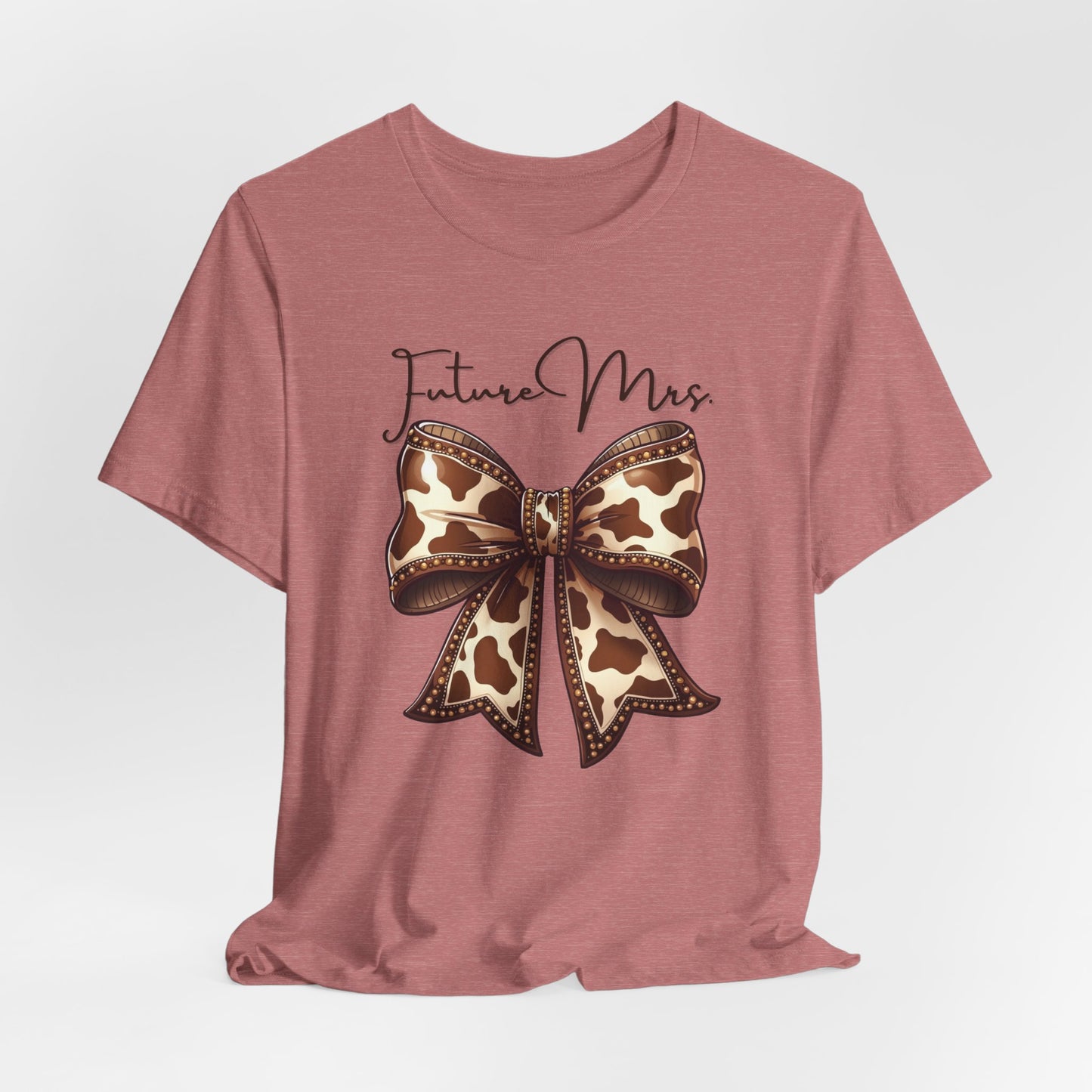 Personalized Future Mrs. Bride Cow Print Bow Short Sleeve Tee, Casual Top, Western Style Shirt, Country Chic T-Shirt, Birthday Gift, Everyday Wear