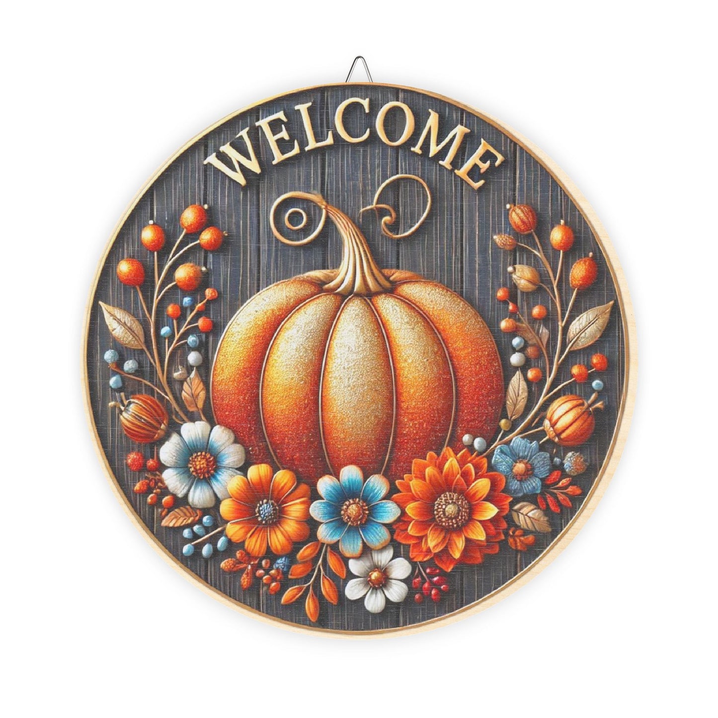 Fall, Welcome Wooden door sign, home decor, entry way, mantle decor, 3d looking pumpkin and flowers