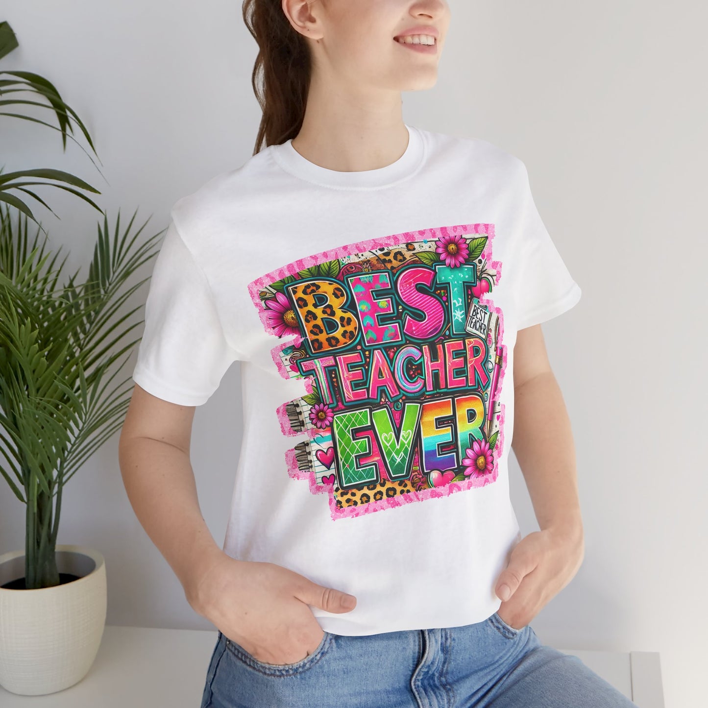 Funky Best Teacher Ever Tshirt, Unisex, Bella Canvas, Back to school, apple, animal print, neons