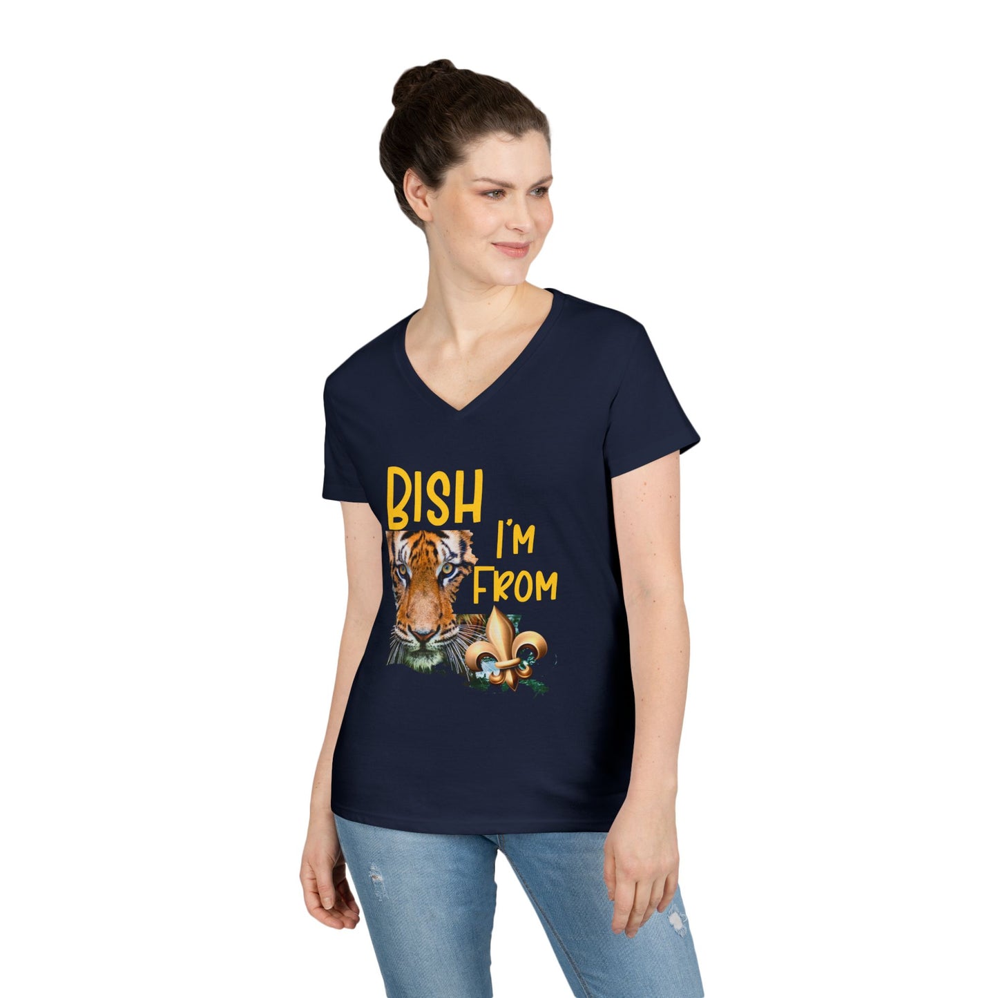 Vibrant Graphic Tee, Ladies' V-Neck T-Shirt, Fun Casual Wear, Perfect for Gifts, Everyday Style, BISH I'M FROM Louisiana