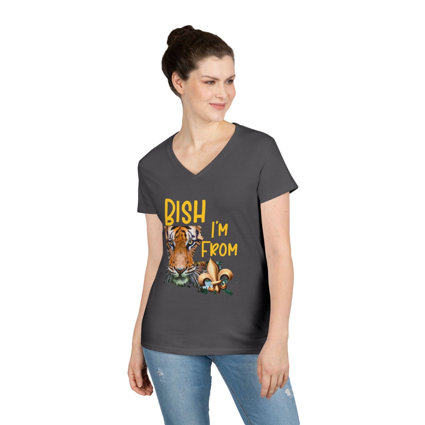 Vibrant Graphic Tee, Ladies' V-Neck T-Shirt, Fun Casual Wear, Perfect for Gifts, Everyday Style, BISH I'M FROM Louisiana