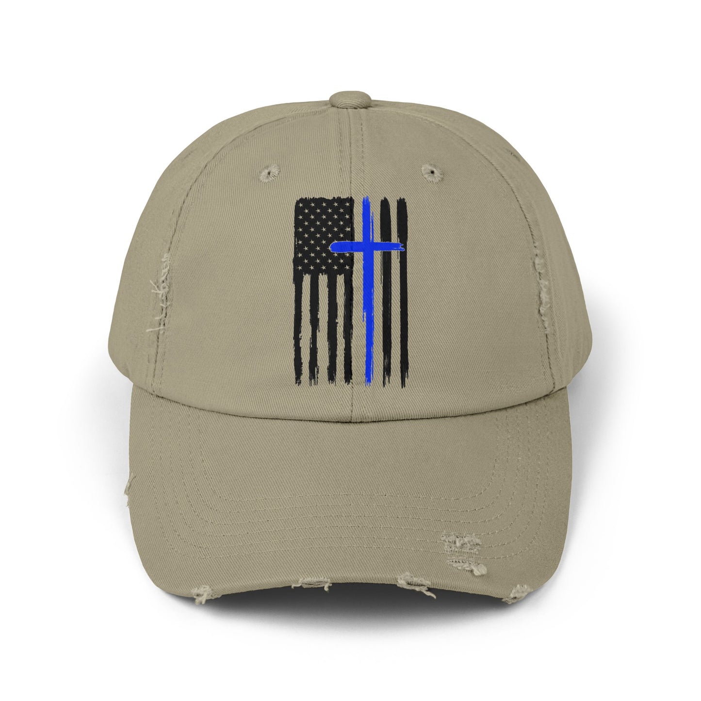 Thin Blue Line, Cross, Flag, Unisex Distressed Cap, Funny Hat, Casual Gift, Everyday Wear, Cool Accessory, Adjustable Cap