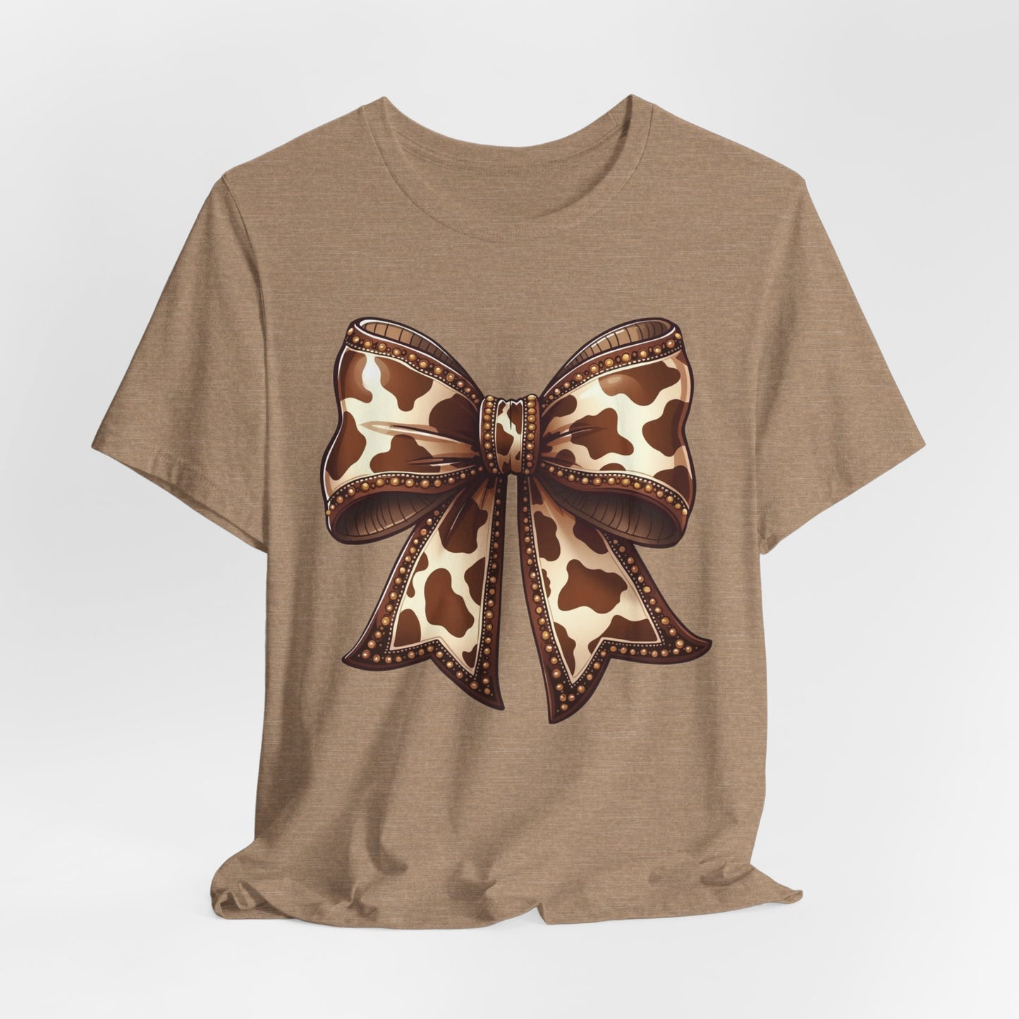 Cow Print Bow Short Sleeve Tee, Casual Top, Western Style Shirt, Country Chic T-Shirt, Birthday Gift, Everyday Wear