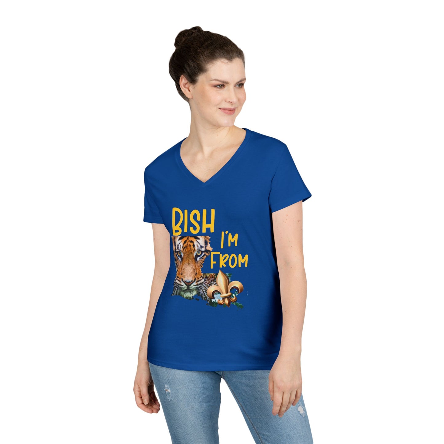 Vibrant Graphic Tee, Ladies' V-Neck T-Shirt, Fun Casual Wear, Perfect for Gifts, Everyday Style, BISH I'M FROM Louisiana