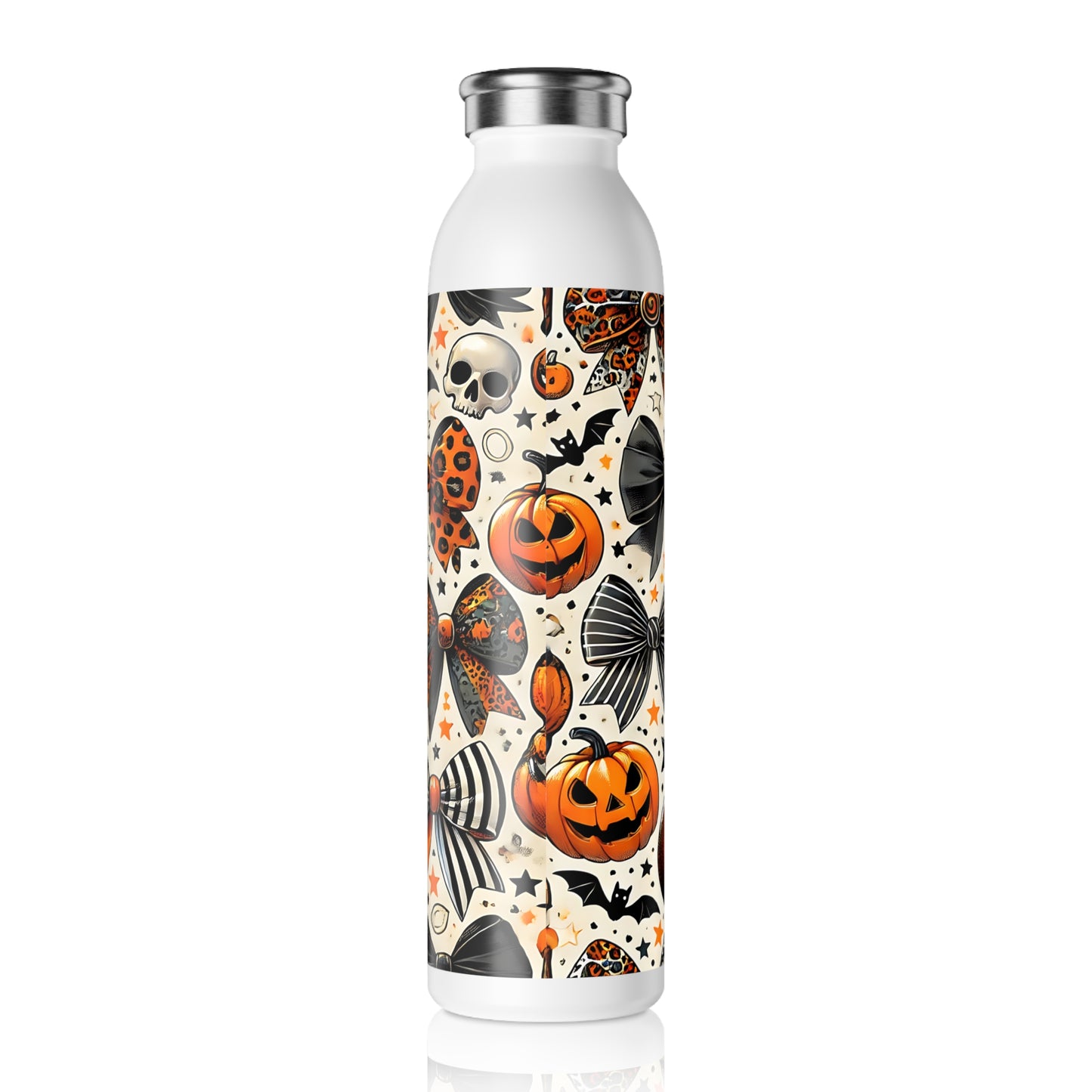 Halloween Slim Water Bottle, Trick or Treat, Fitness Hydration, Eco-Friendly Gift, Party Favor, Cute Pumpkin and Bow Design