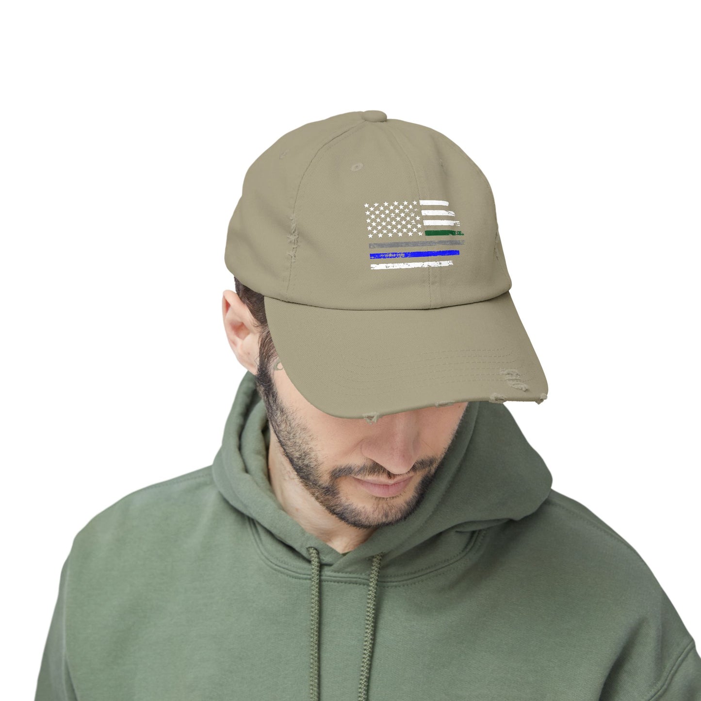 Thin Blue and Thin green Flag, Unisex Distressed Cap, Law Enforcement, Military, hat