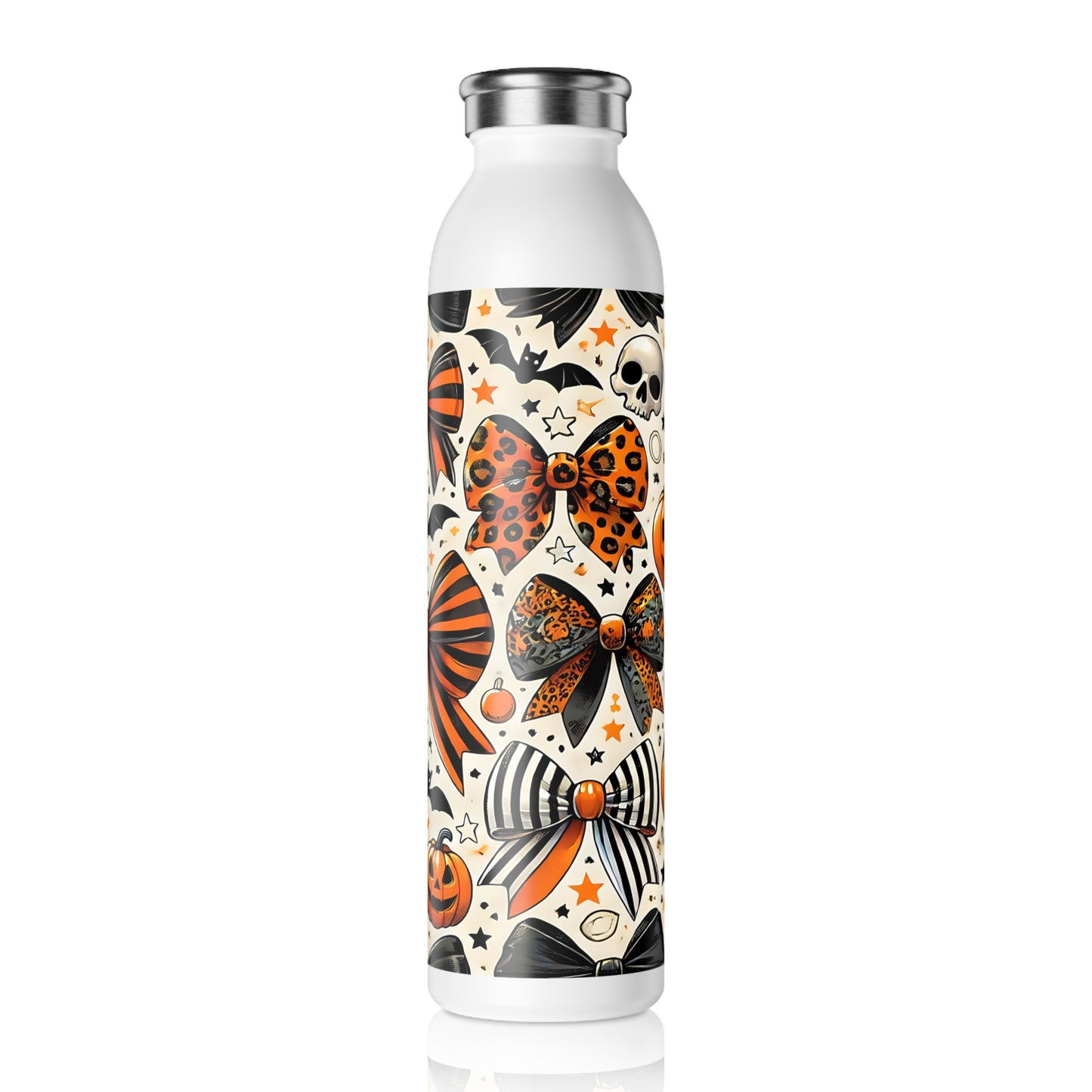 Halloween Slim Water Bottle, Trick or Treat, Fitness Hydration, Eco-Friendly Gift, Party Favor, Cute Pumpkin and Bow Design