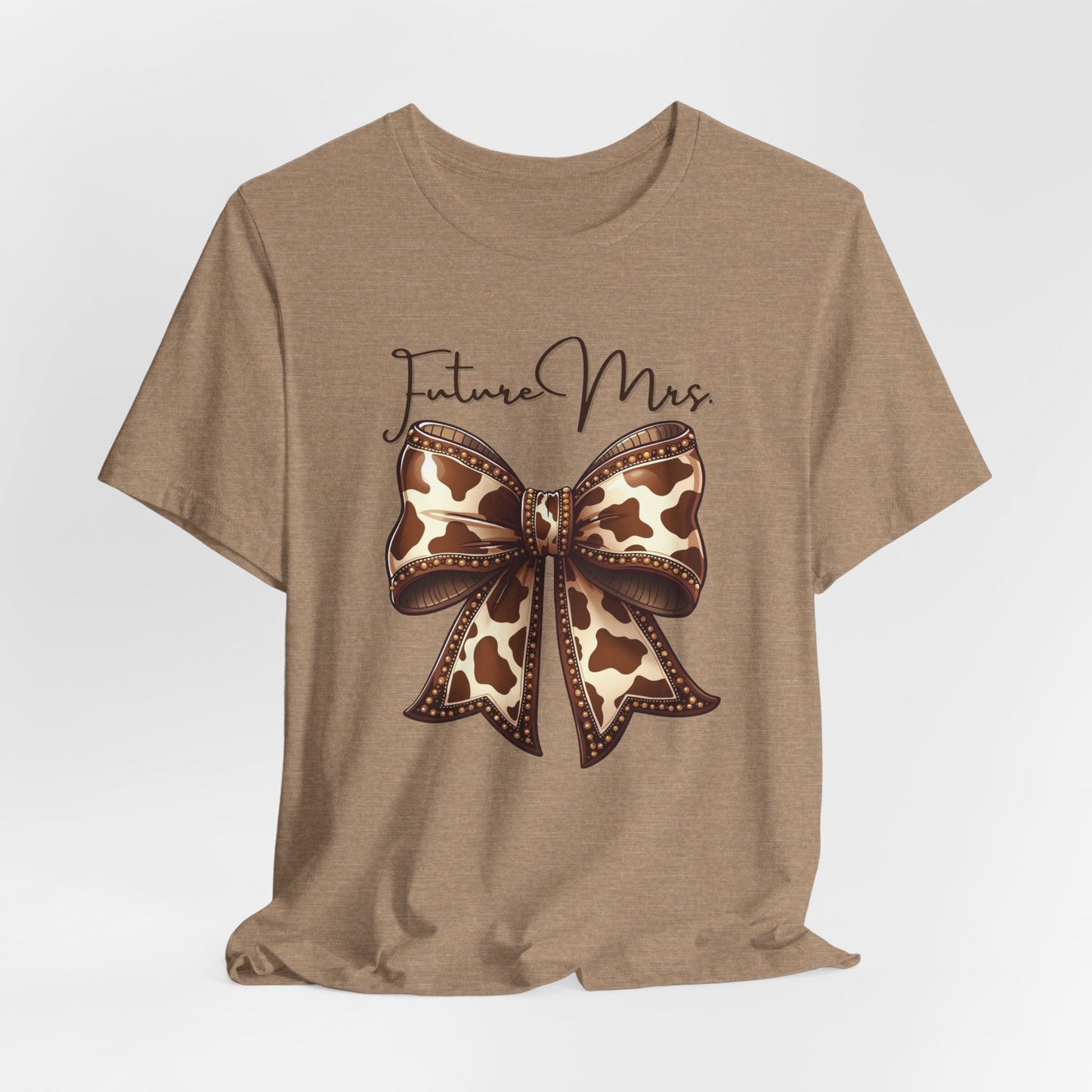 Personalized Future Mrs. Bride Cow Print Bow Short Sleeve Tee, Casual Top, Western Style Shirt, Country Chic T-Shirt, Birthday Gift, Everyday Wear