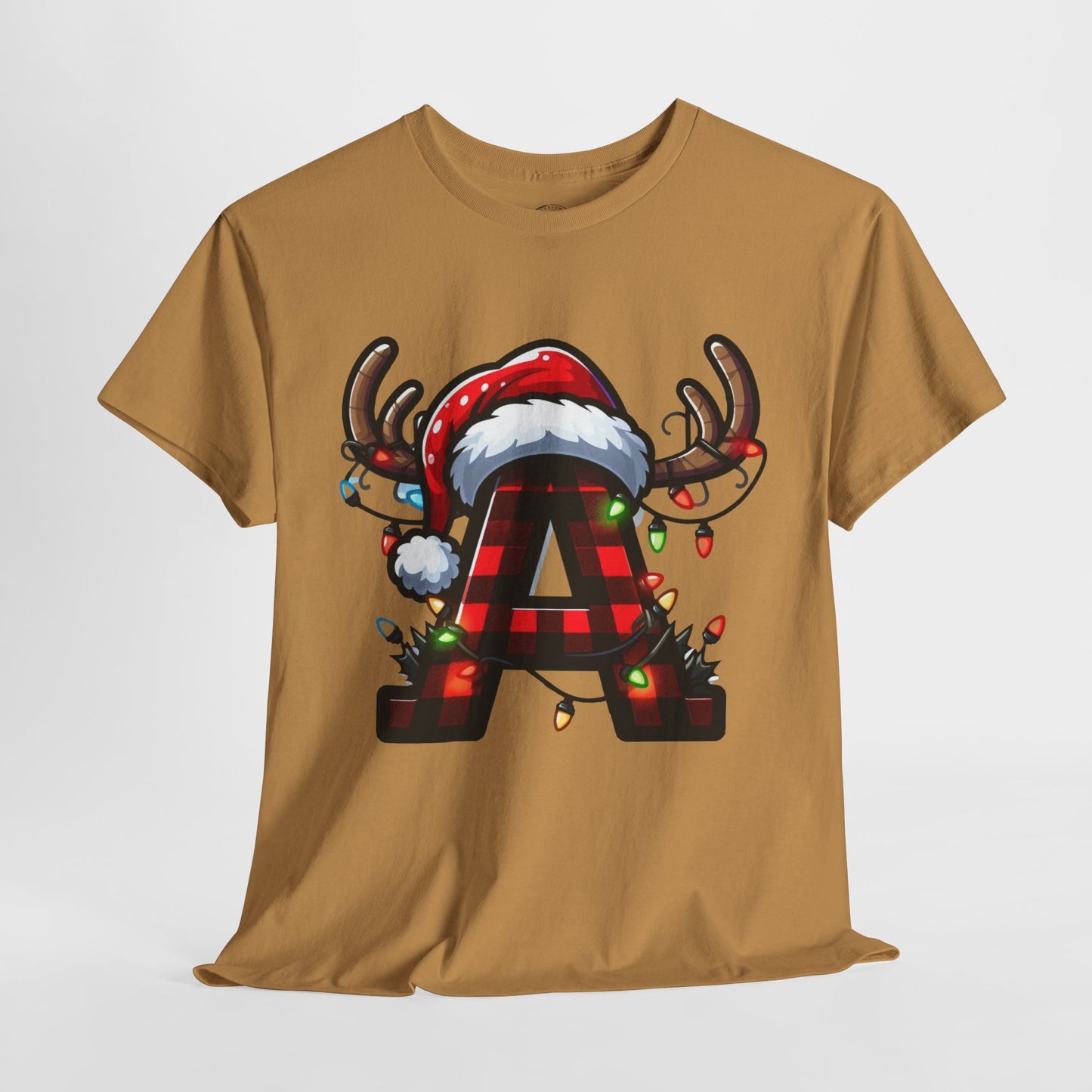 Festive Reindeer Initial A Tee, Unisex Holiday T-Shirt, Christmas Gift, Personalized Apparel, Cozy Winter Wear, Merry & Bright