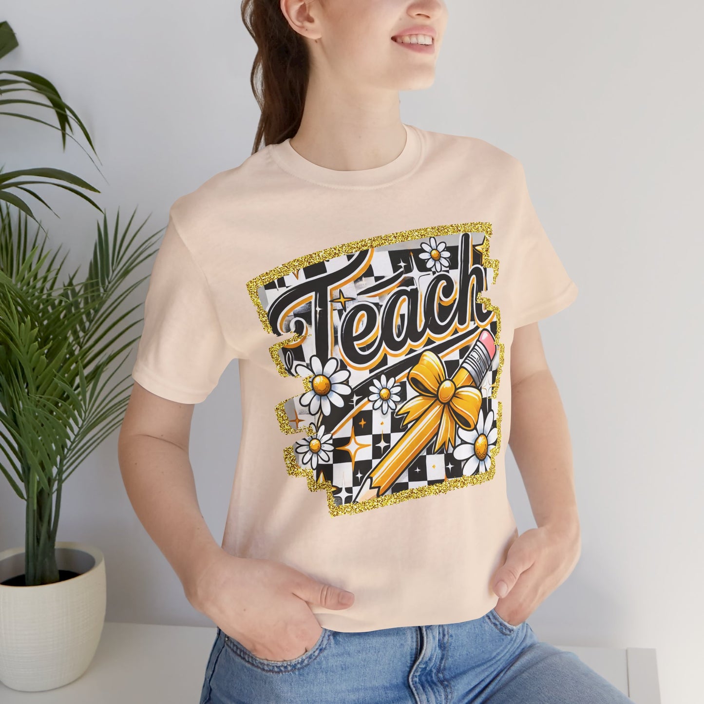Funky Teacher Tshirt, Unisex, Bella Canvas, Back to school, apple, Black and White Checkboard