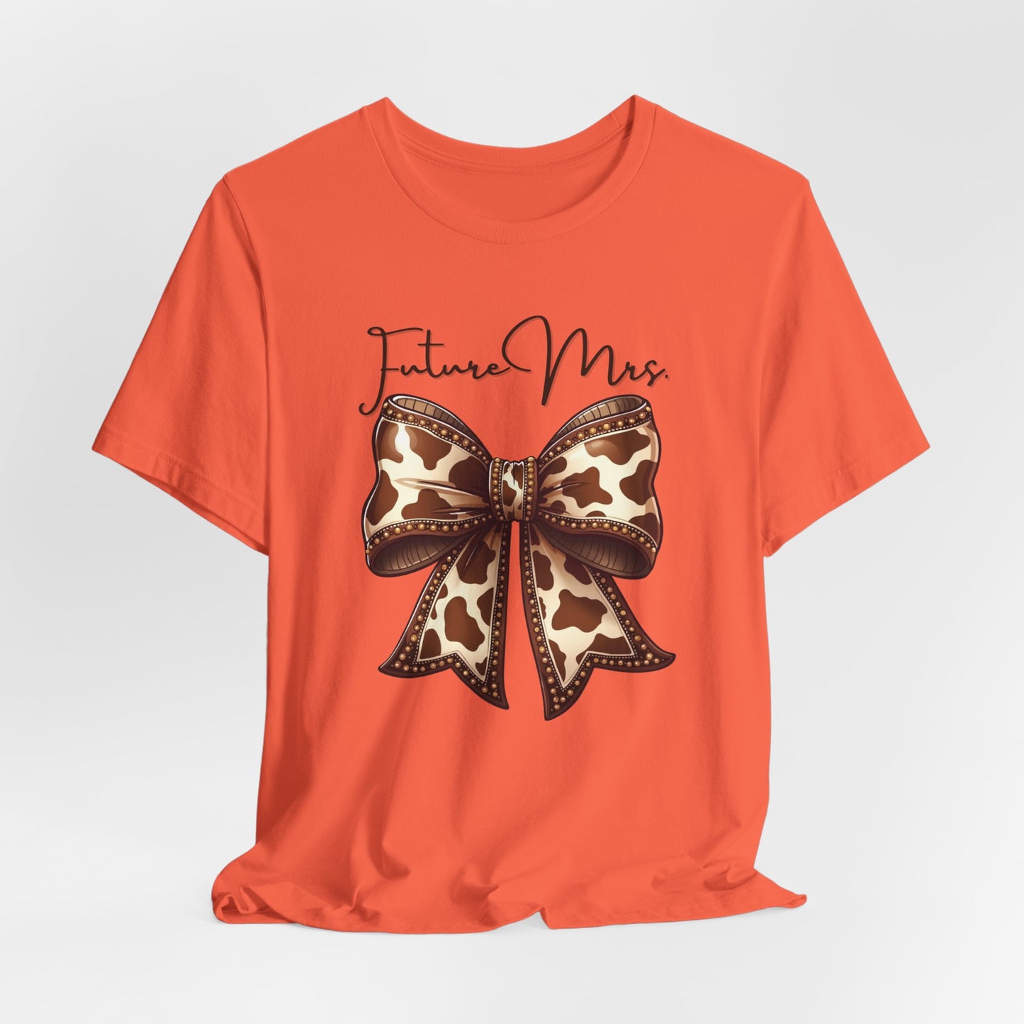 Personalized Future Mrs. Bride Cow Print Bow Short Sleeve Tee, Casual Top, Western Style Shirt, Country Chic T-Shirt, Birthday Gift, Everyday Wear