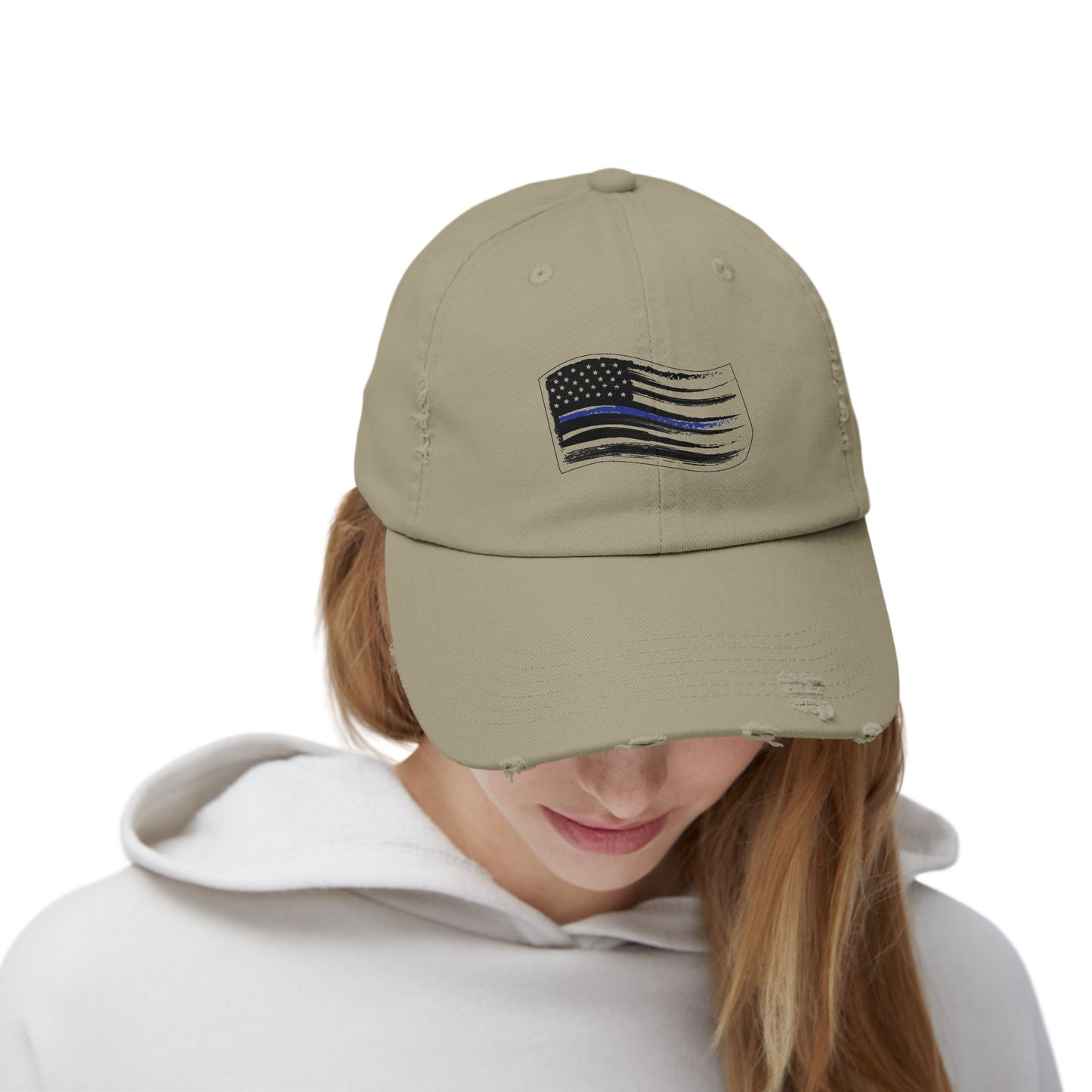 Thin Blue Line Flag, Unisex Distressed Cap, Funny Hat, Casual Gift, Everyday Wear, Cool Accessory, Adjustable Cap