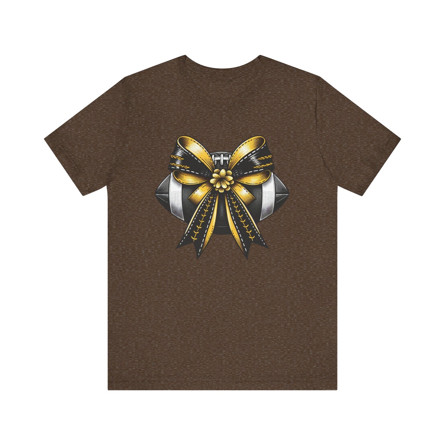 Football Bow Unisex Tee | Sporty Style Tee, Game Day T-Shirt, Casual Wear, Athletic Gift, Fan Apparel, Black and Gold, Saints