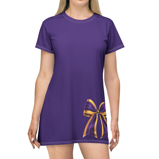Purple dress, Purple and Gold Elegant Bow T-Shirt Dress - Stylish Casual Wear for Parties, Birthdays, or Everyday Outfits, Comfortable and Fashionable