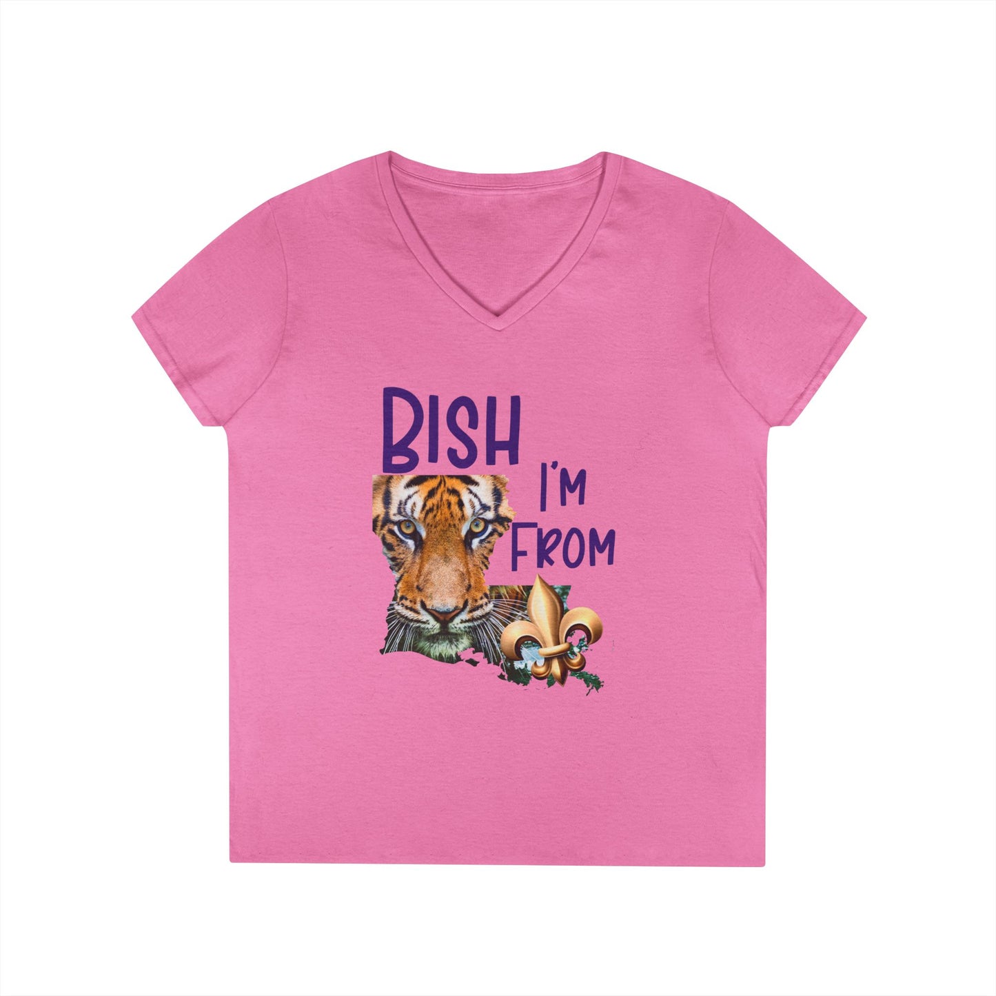 Vibrant Graphic Tee, Ladies' V-Neck T-Shirt, Fun Casual Wear, Perfect for Gifts, Everyday Style, BISH I'M FROM Louisiana