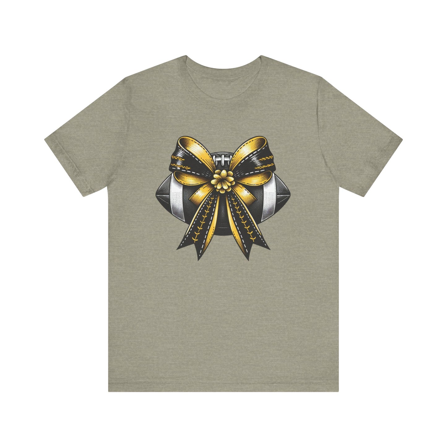 Football Bow Unisex Tee | Sporty Style Tee, Game Day T-Shirt, Casual Wear, Athletic Gift, Fan Apparel, Black and Gold, Saints