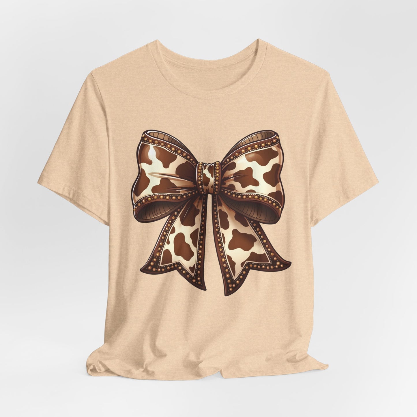 Cow Print Bow Short Sleeve Tee, Casual Top, Western Style Shirt, Country Chic T-Shirt, Birthday Gift, Everyday Wear