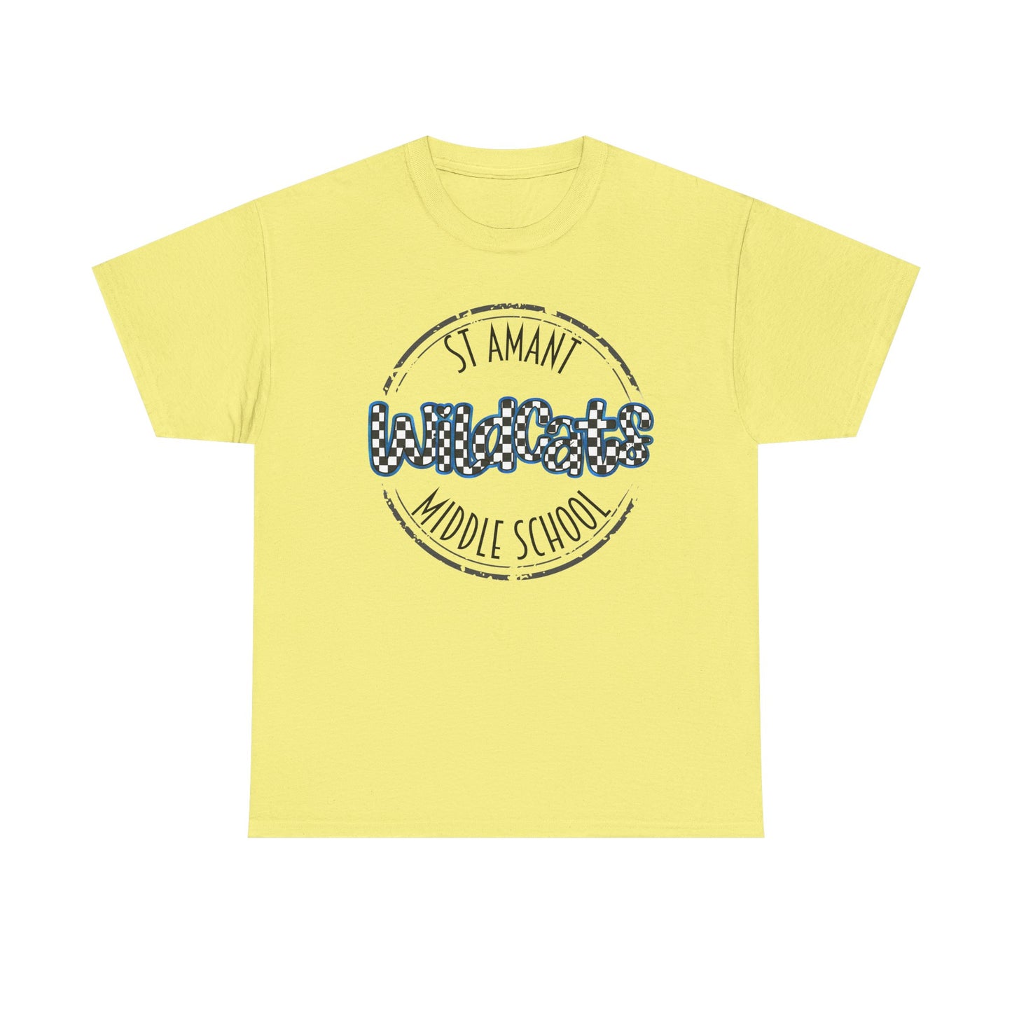 SAMS Wildcats with a black checkered style, Whimsical on a Unisex Tshirt, St Amant Middle School