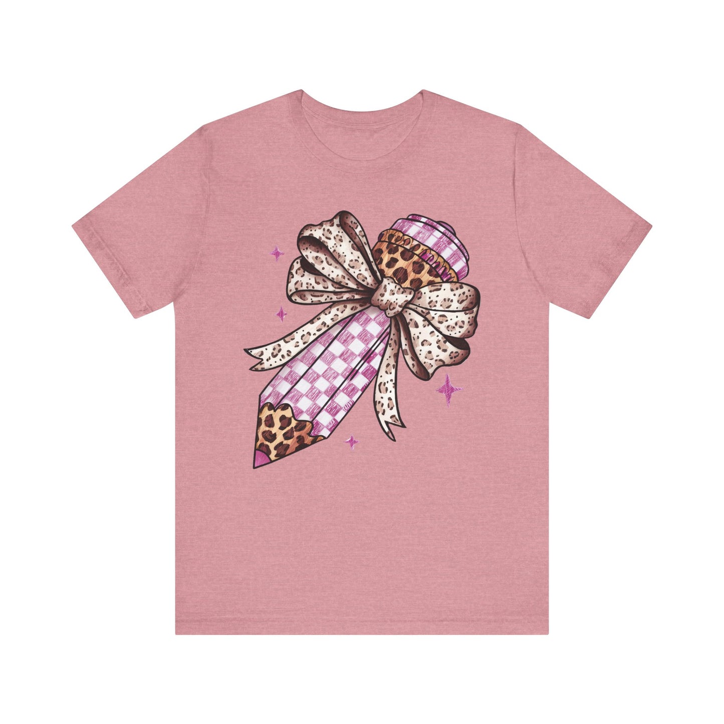 Leopard and pink checkered Bow Pencil Tee - Cute Teacher Gift, Back to School Outfit, Art Lover Shirt, Classroom Apparel, Fun Educational Shirt