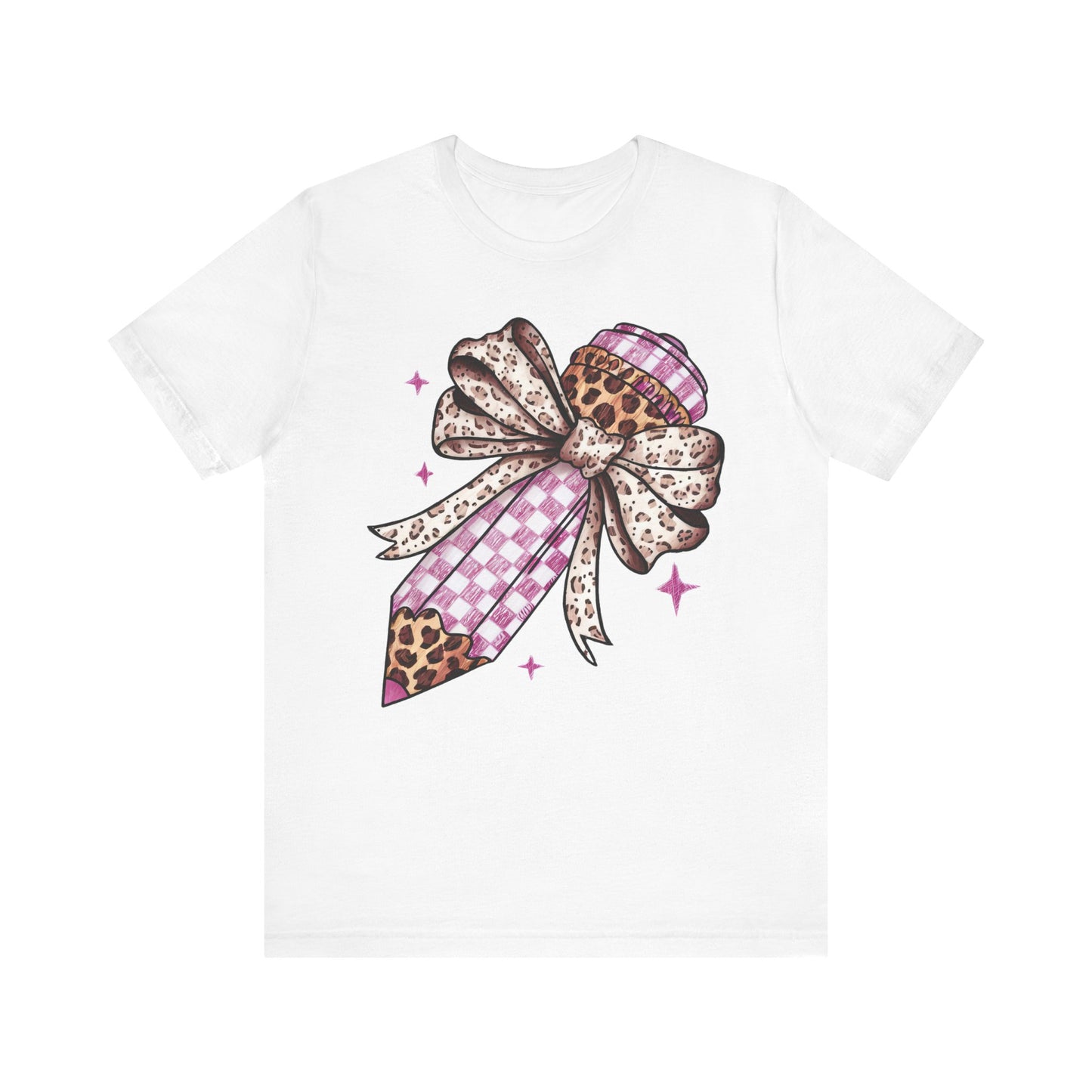 Leopard and pink checkered Bow Pencil Tee - Cute Teacher Gift, Back to School Outfit, Art Lover Shirt, Classroom Apparel, Fun Educational Shirt
