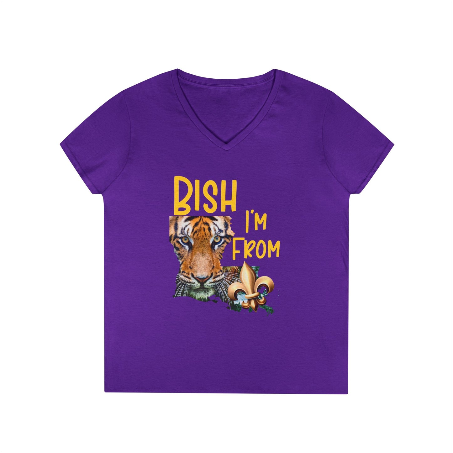 Vibrant Graphic Tee, Ladies' V-Neck T-Shirt, Fun Casual Wear, Perfect for Gifts, Everyday Style, BISH I'M FROM Louisiana
