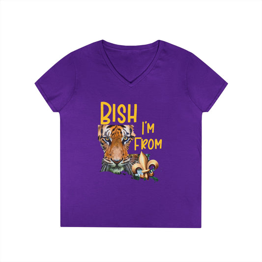 Vibrant Graphic Tee, Ladies' V-Neck T-Shirt, Fun Casual Wear, Perfect for Gifts, Everyday Style, BISH I'M FROM Louisiana