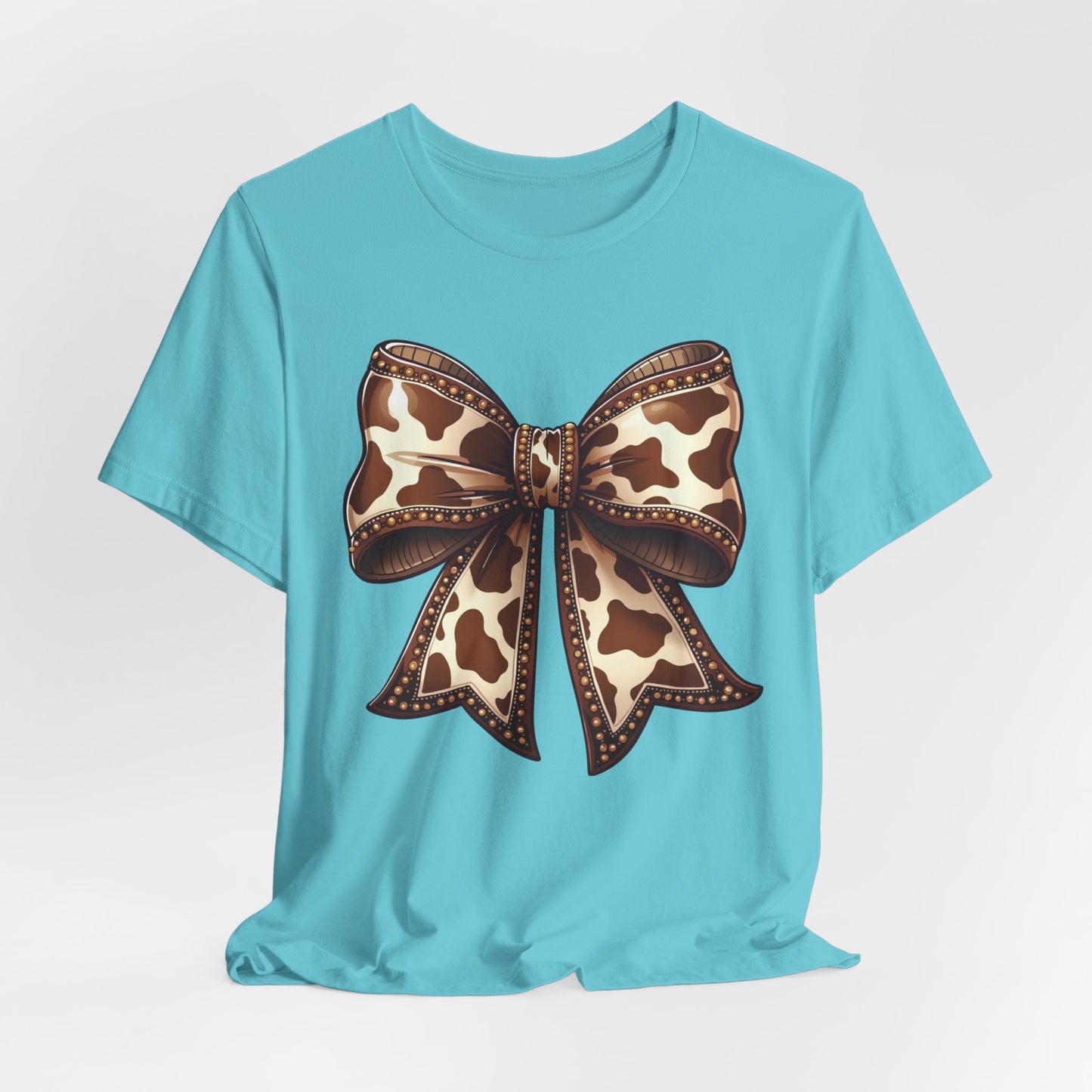 Cow Print Bow Short Sleeve Tee, Casual Top, Western Style Shirt, Country Chic T-Shirt, Birthday Gift, Everyday Wear
