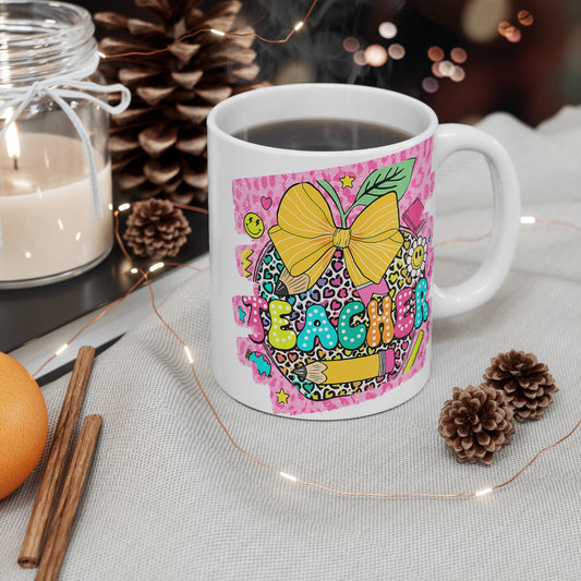 Pink Leopard Apple, Pencil Bow, Colorful Teacher Mug | Perfect Gift for Educators, Back to School, Classroom Decor, Appreciation Day, Coffee Lovers