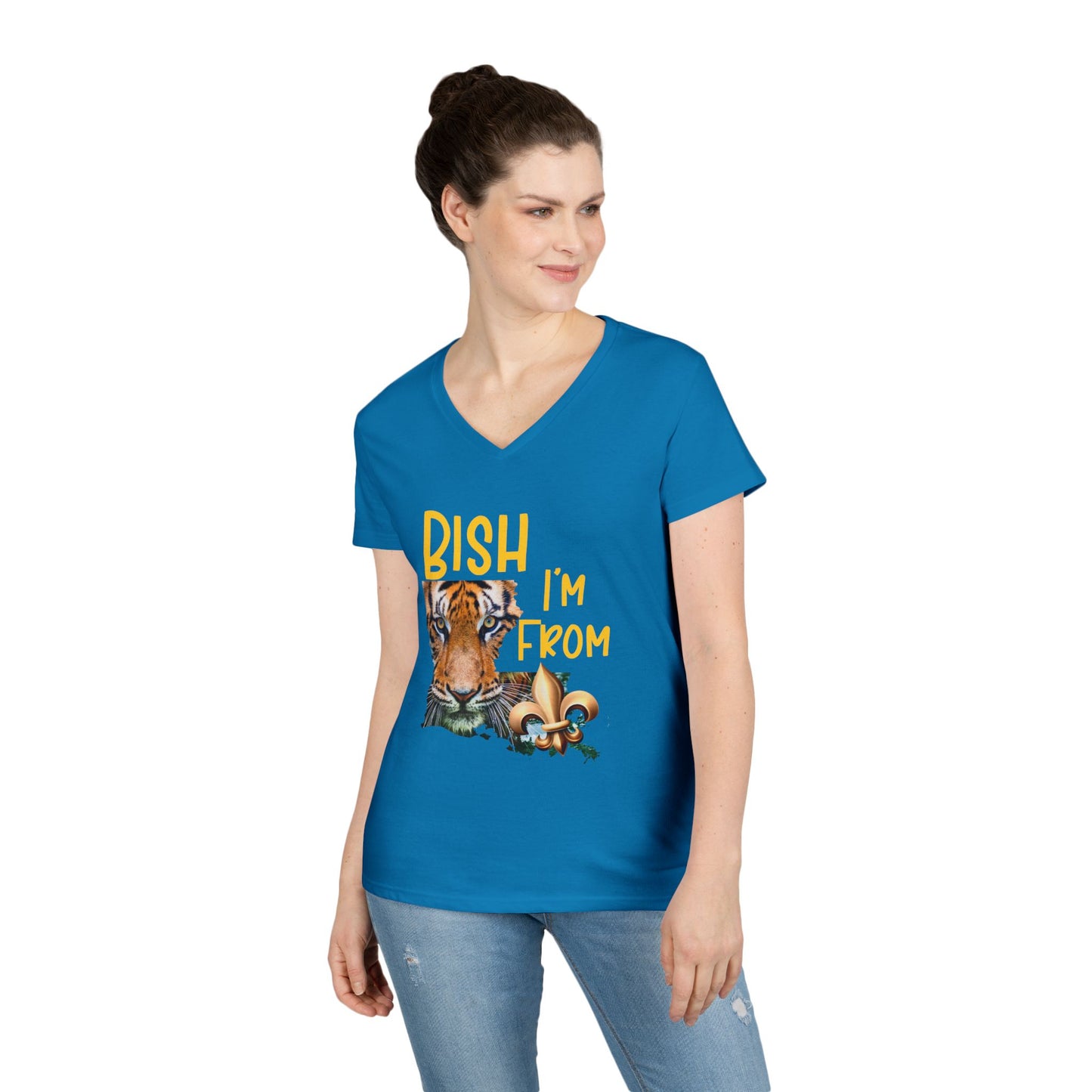 Vibrant Graphic Tee, Ladies' V-Neck T-Shirt, Fun Casual Wear, Perfect for Gifts, Everyday Style, BISH I'M FROM Louisiana