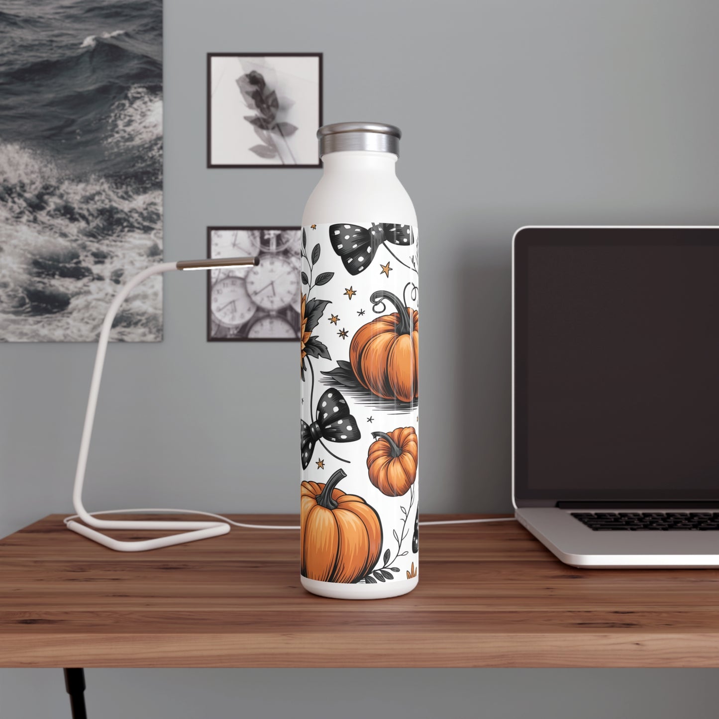 Autumn Pumpkin & Sunflower Slim Water Bottle, Fall Decor, Halloween Gift, Reusable Water Bottle, Eco-Friendly Flask