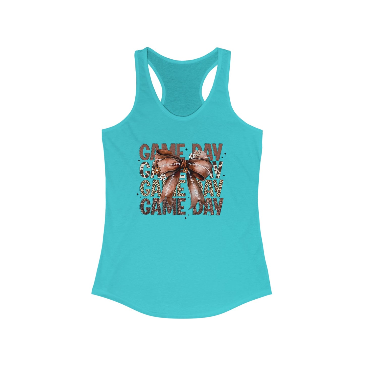 Game Day, Stacked, Football bow Women's Racerback Tank Top, Perfect for Game Day, Sports Events, Tailgating, and Everyday Wear