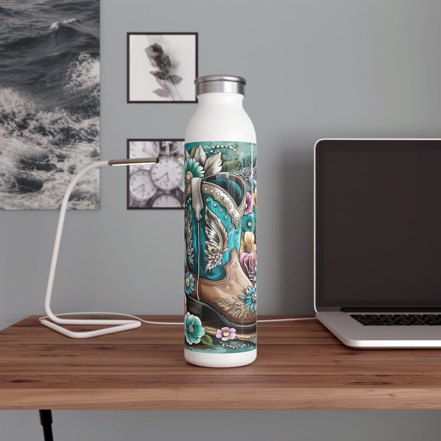 Floral Cowboy Slim Water Bottle - Western Decor, Eco-Friendly Hydration, Gift for Cowgirls, Outdoor Adventures, Unique Gym Bottle