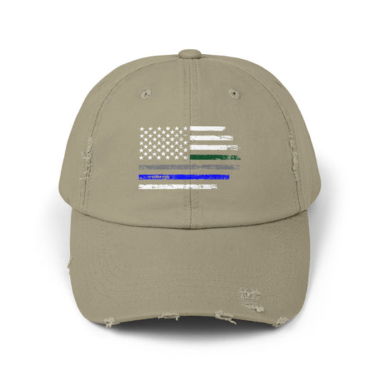 Thin Blue and Thin green Flag, Unisex Distressed Cap, Law Enforcement, Military, hat