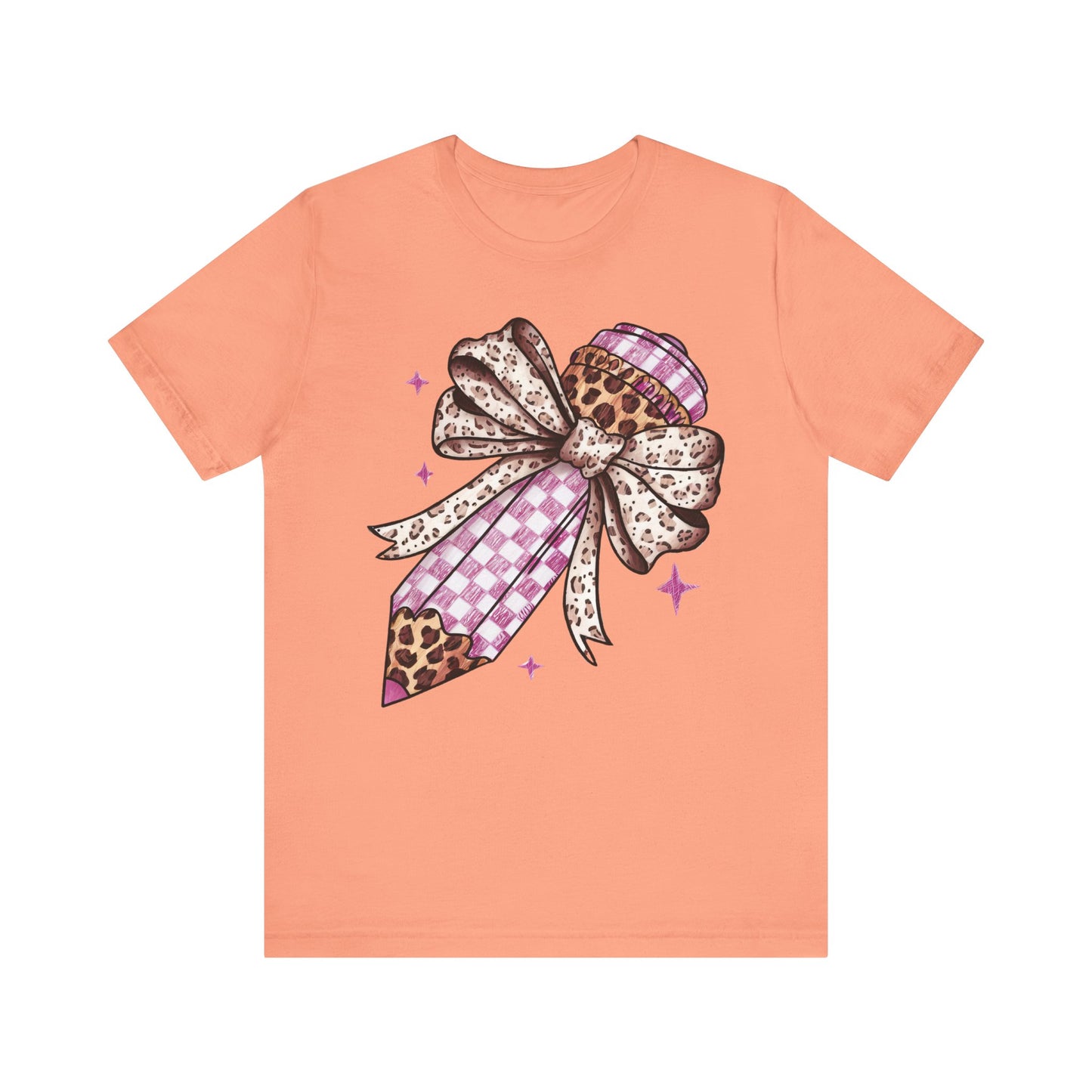 Leopard and pink checkered Bow Pencil Tee - Cute Teacher Gift, Back to School Outfit, Art Lover Shirt, Classroom Apparel, Fun Educational Shirt