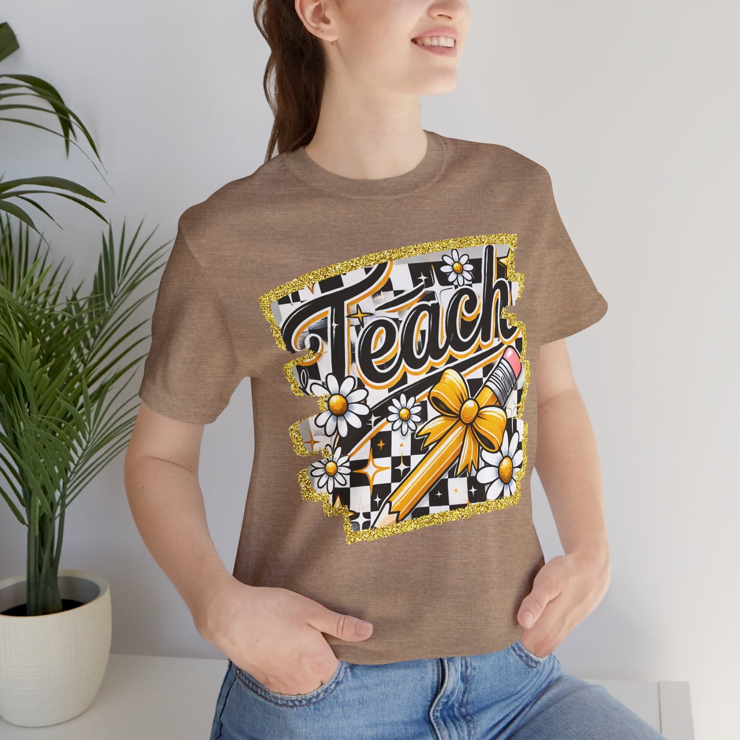 Funky Teacher Tshirt, Unisex, Bella Canvas, Back to school, apple, Black and White Checkboard