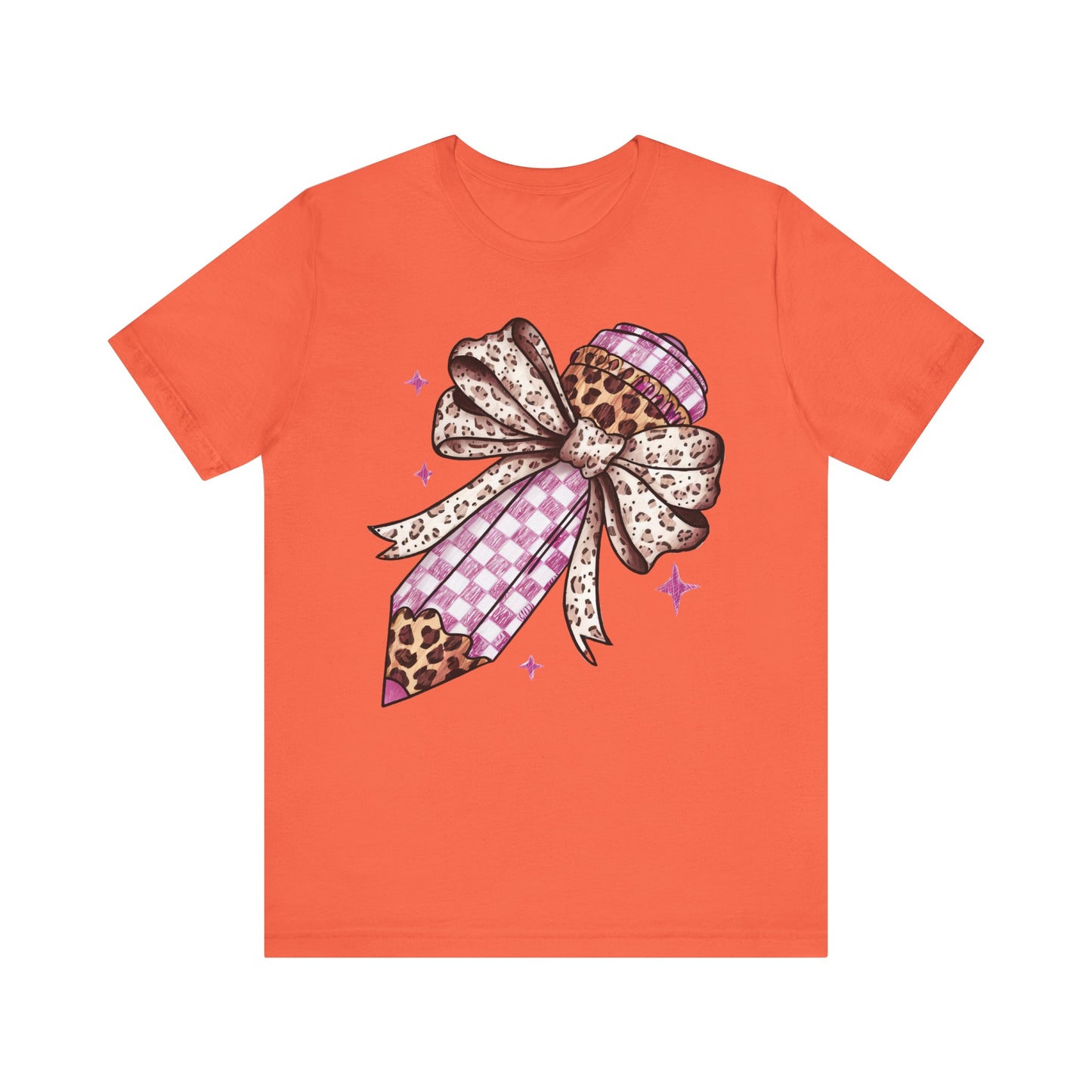 Leopard and pink checkered Bow Pencil Tee - Cute Teacher Gift, Back to School Outfit, Art Lover Shirt, Classroom Apparel, Fun Educational Shirt
